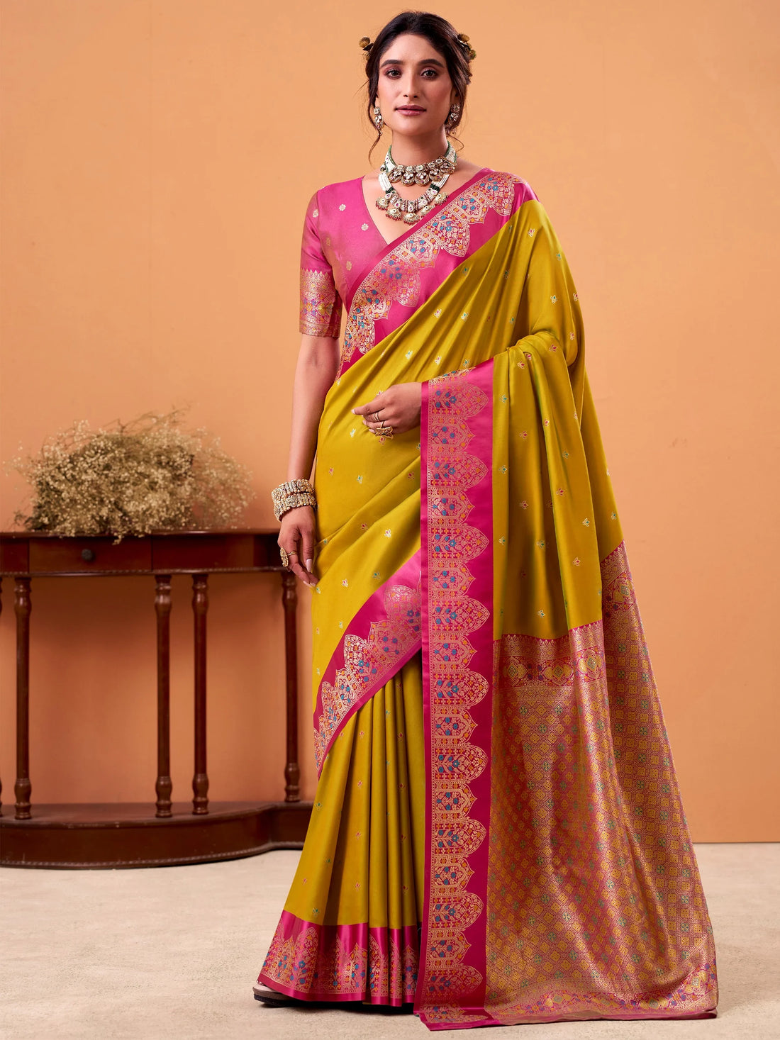 Wonderful Yellow Zari Weaving Silk Wedding Wear Saree With Blouse