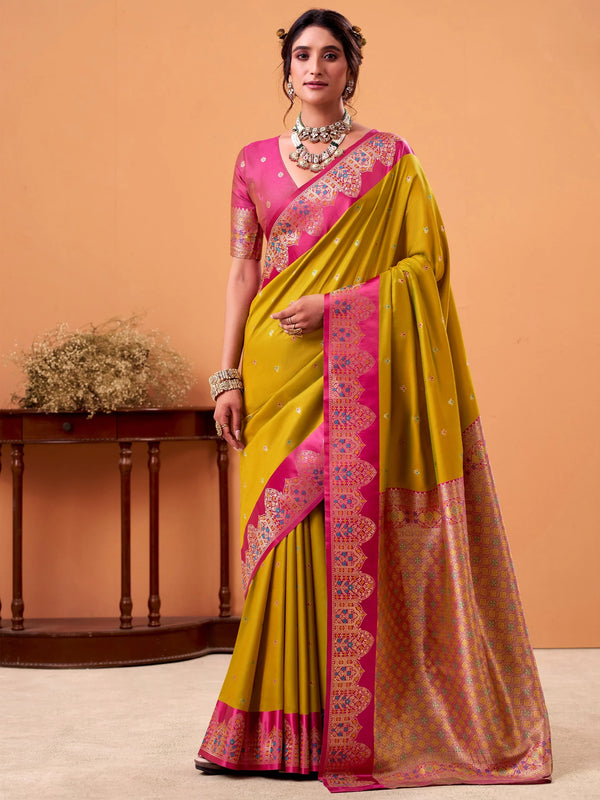 Wonderful Yellow Zari Weaving Silk Wedding Wear Saree With Blouse