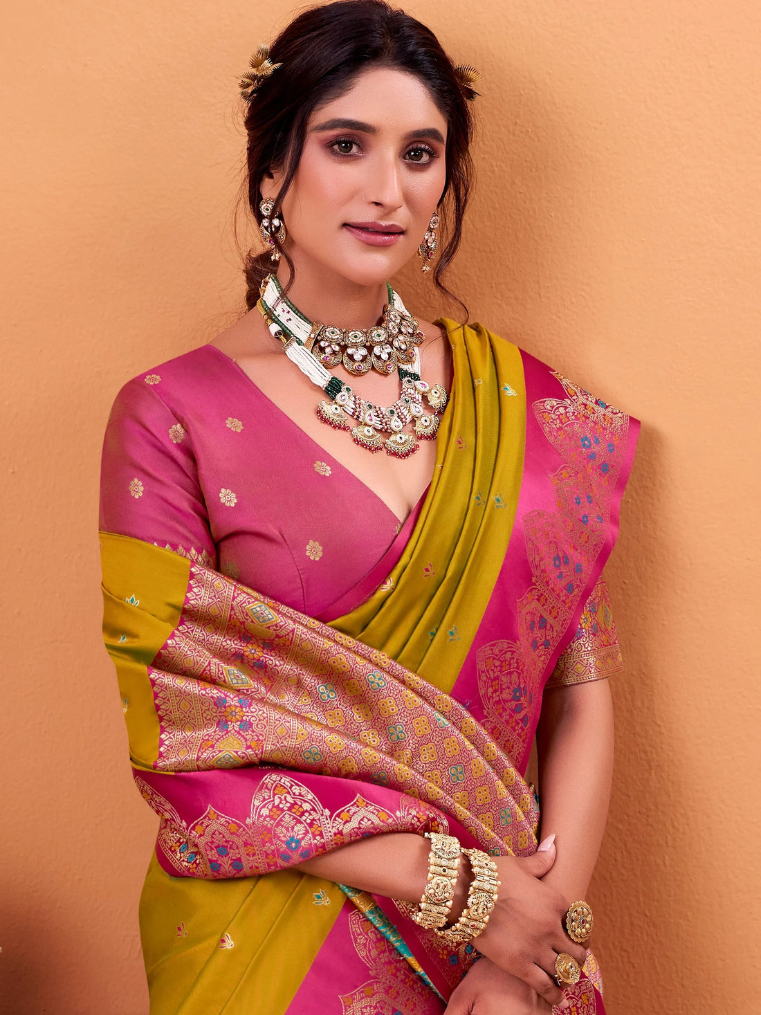 Wonderful Yellow Zari Weaving Silk Wedding Wear Saree With Blouse