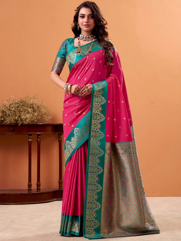 Glorious Pink Zari Weaving Silk Engagement Wear Saree With Blouse