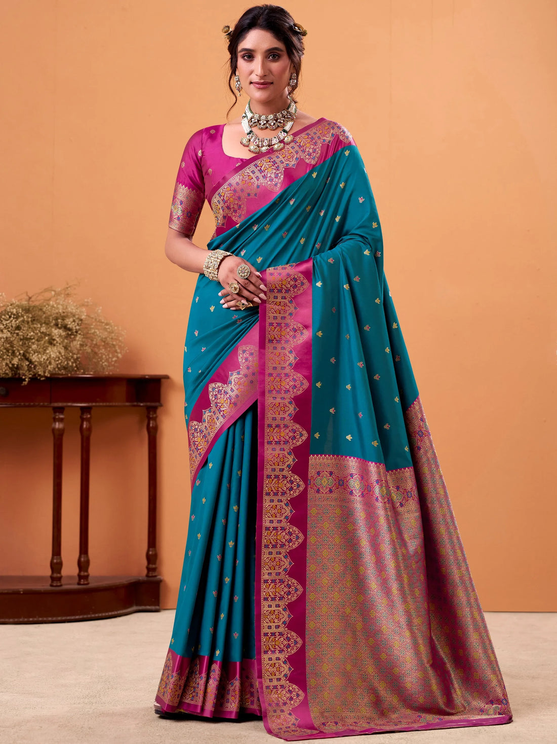 Stupendous Teal Blue Zari Weaving Silk Traditional Saree With Blouse