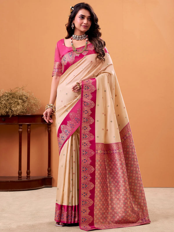 Remarkable Cream Zari Weaving Silk Function Wear Saree With Blouse