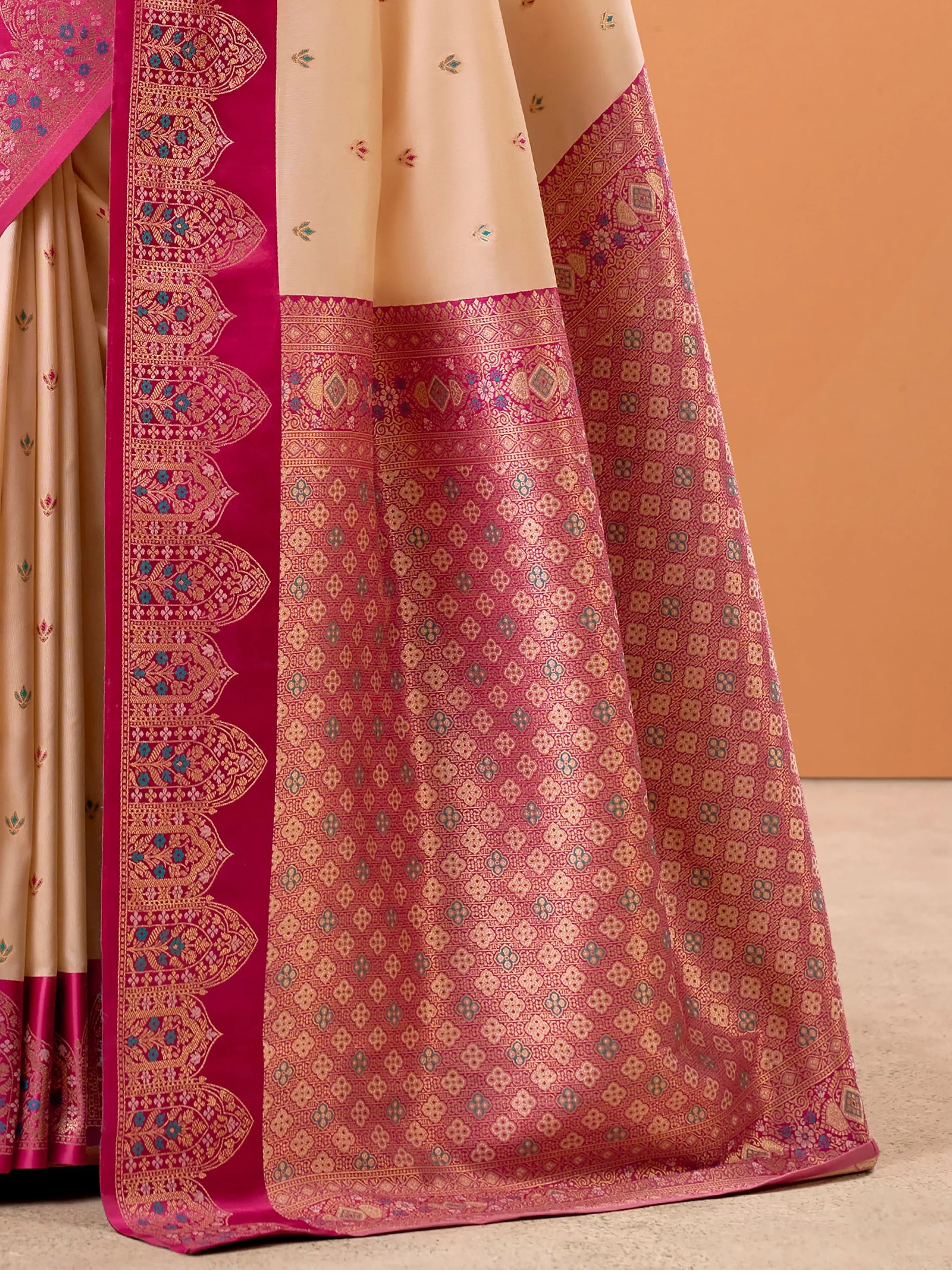 Remarkable Cream Zari Weaving Silk Function Wear Saree With Blouse