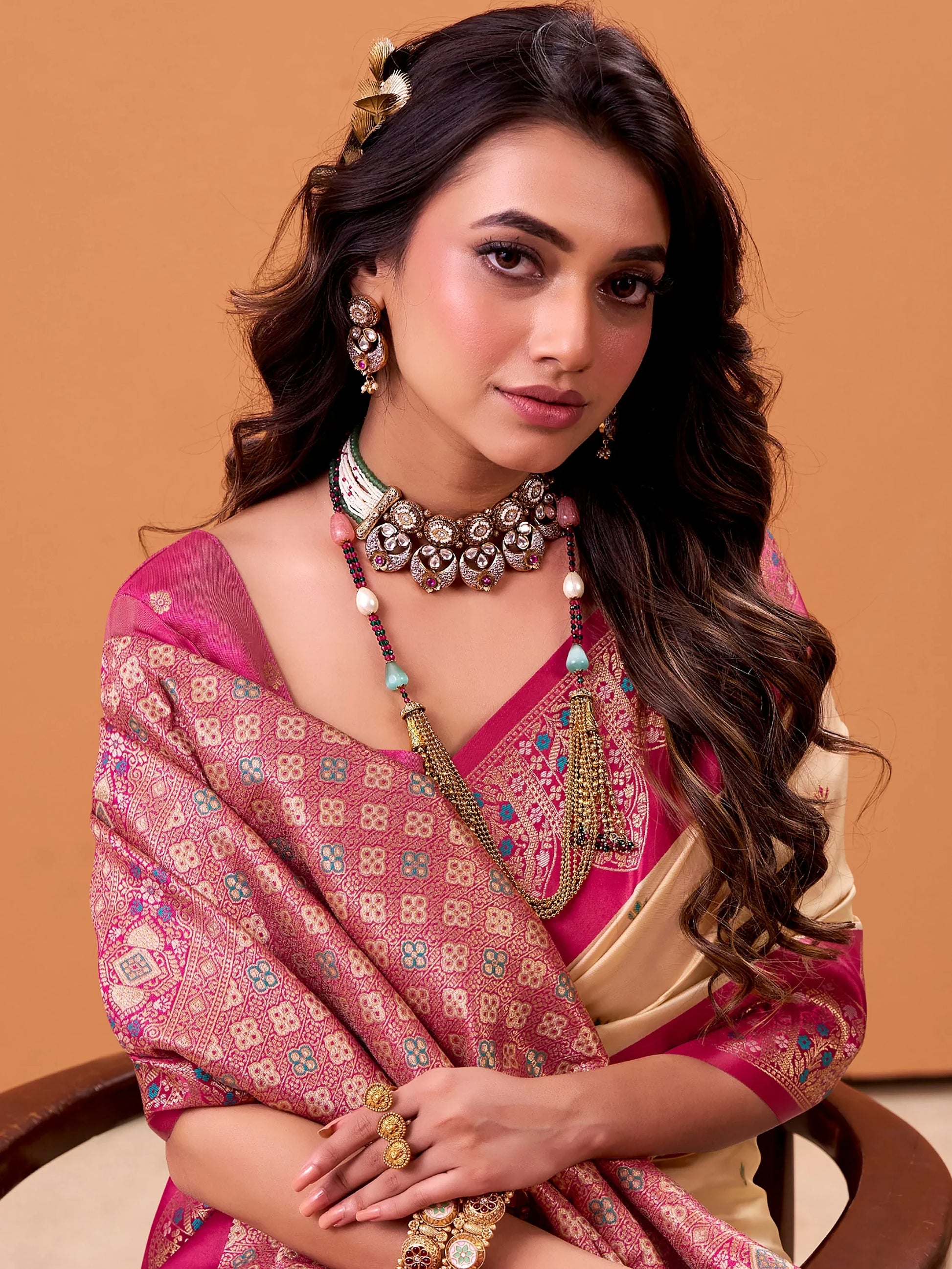 Remarkable Cream Zari Weaving Silk Function Wear Saree With Blouse