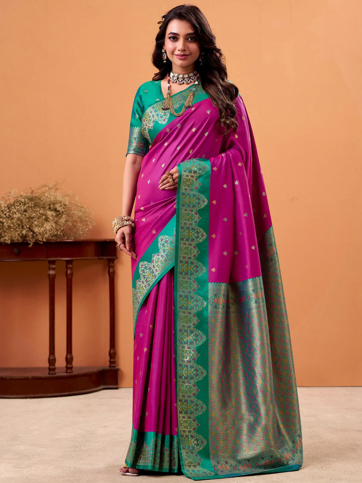 Noteworthy Magenta Zari Weaving Silk Festive Wear Saree With Blouse