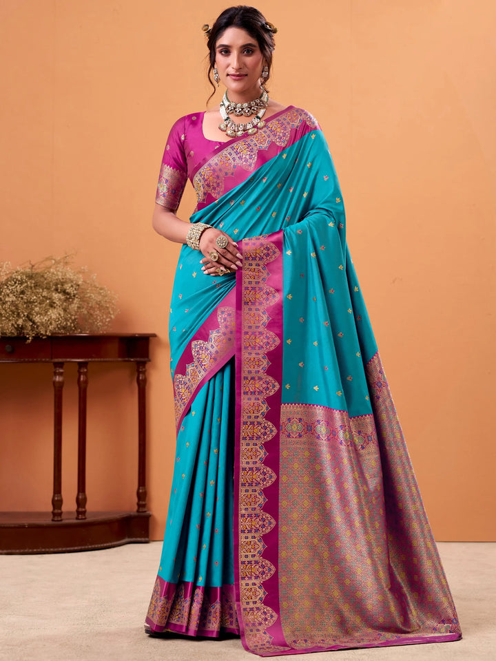 Classy Blue Zari Weaving Silk Event Wear Saree With Blouse