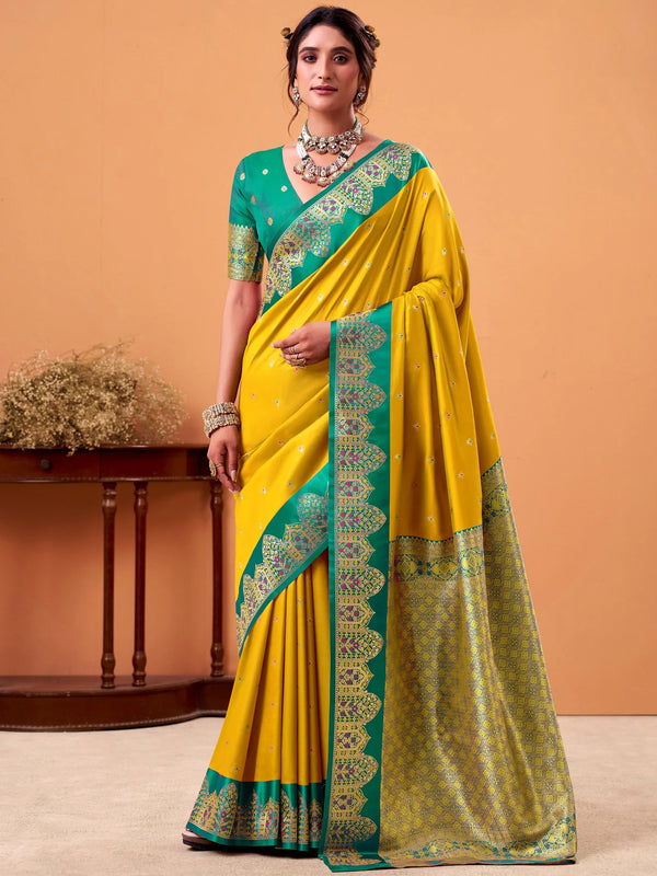Amazeballs Yellow Zari Weaving Silk Haldi Wear Saree With Blouse
