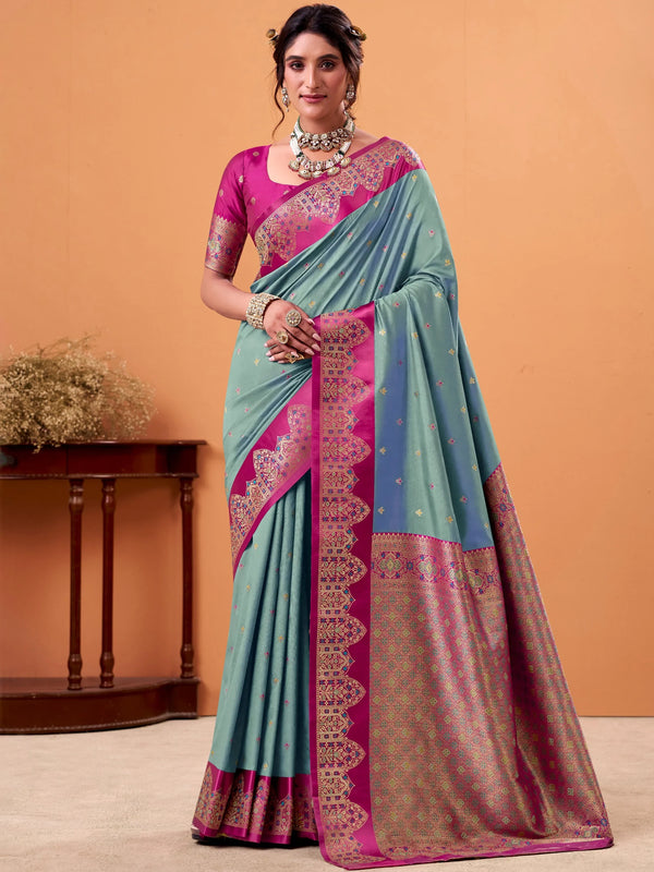 Delightful Sea Green Zari Weaving Silk Traditional Saree With Blouse