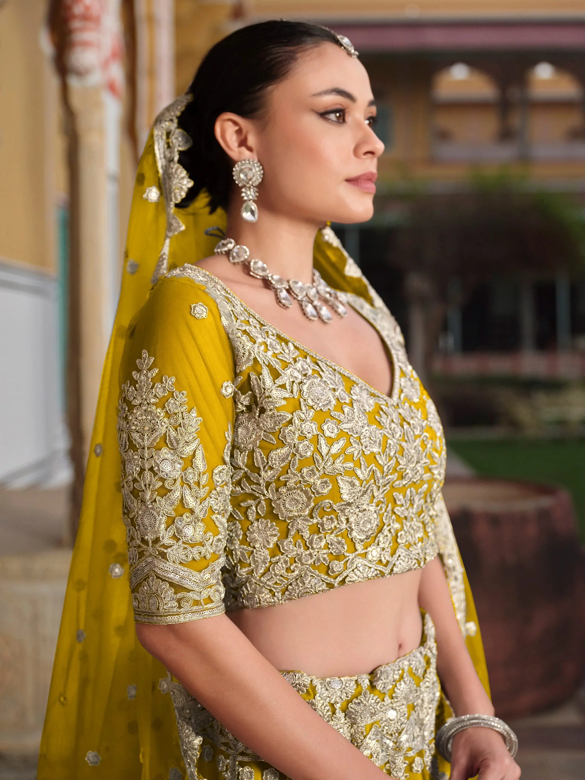 Awesome Yellow Embroidered Net Haldi Wear Lehenga Choli With Dupatta
