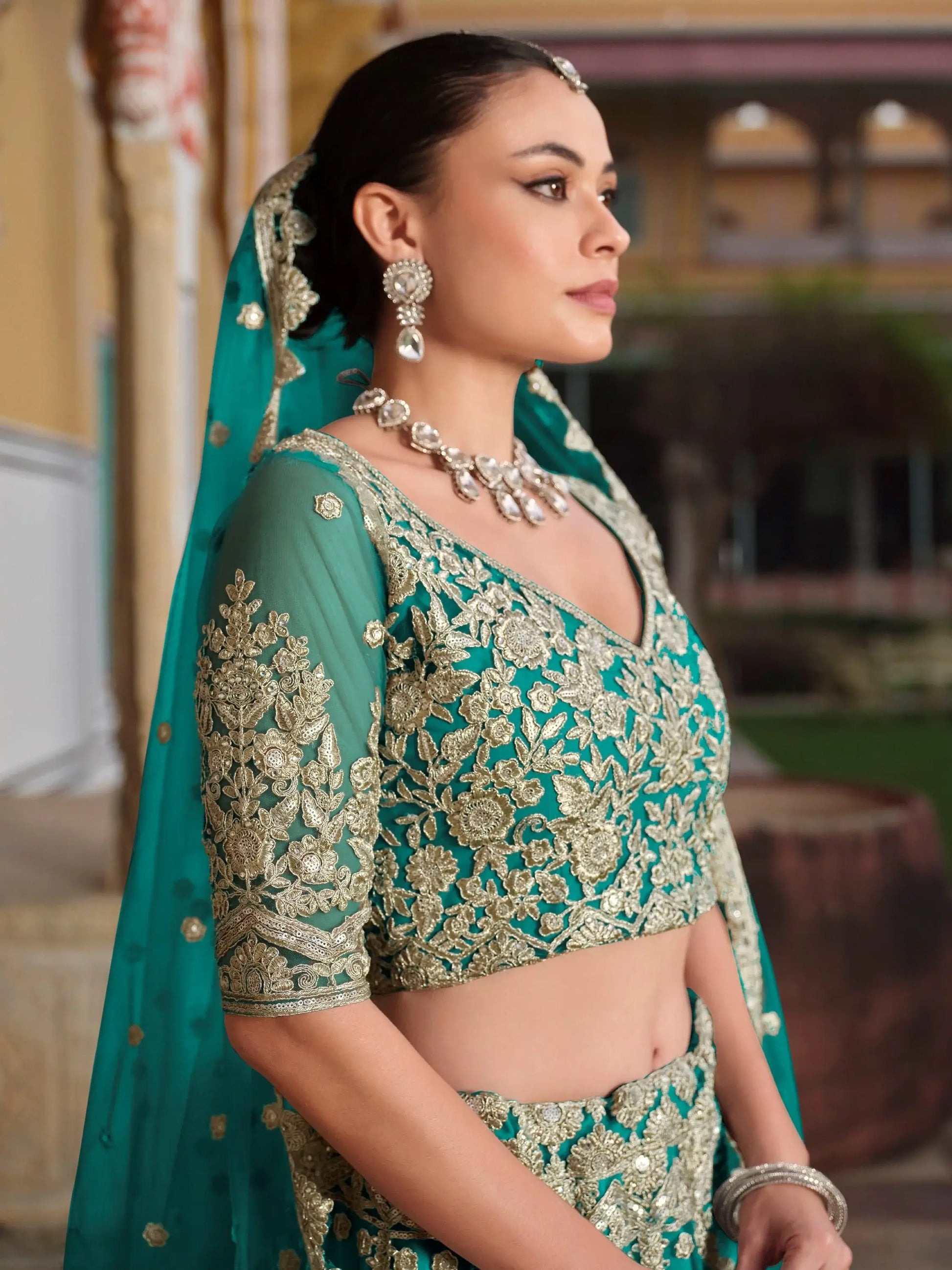 Classy Sea Green Sequins Embroidery Net Bridesmaid Lehenga Choli