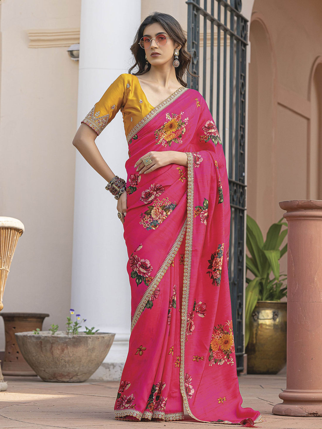 Pretty Pink Floral Printed Silk Saree With Mustard Yellow Blouse
