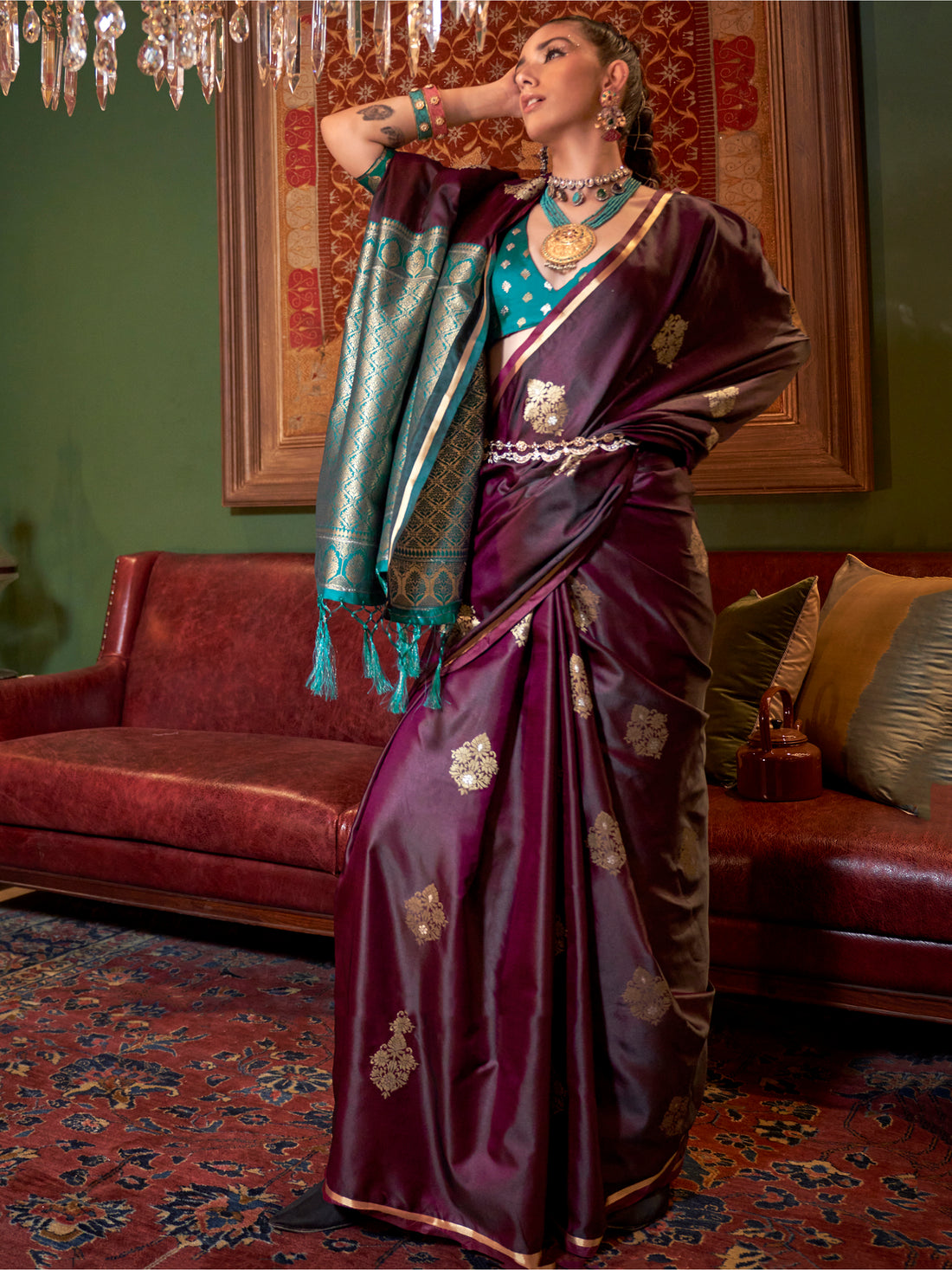 Awesome Wine Zari Weaving Satin Festival Wear Saree With Blouse