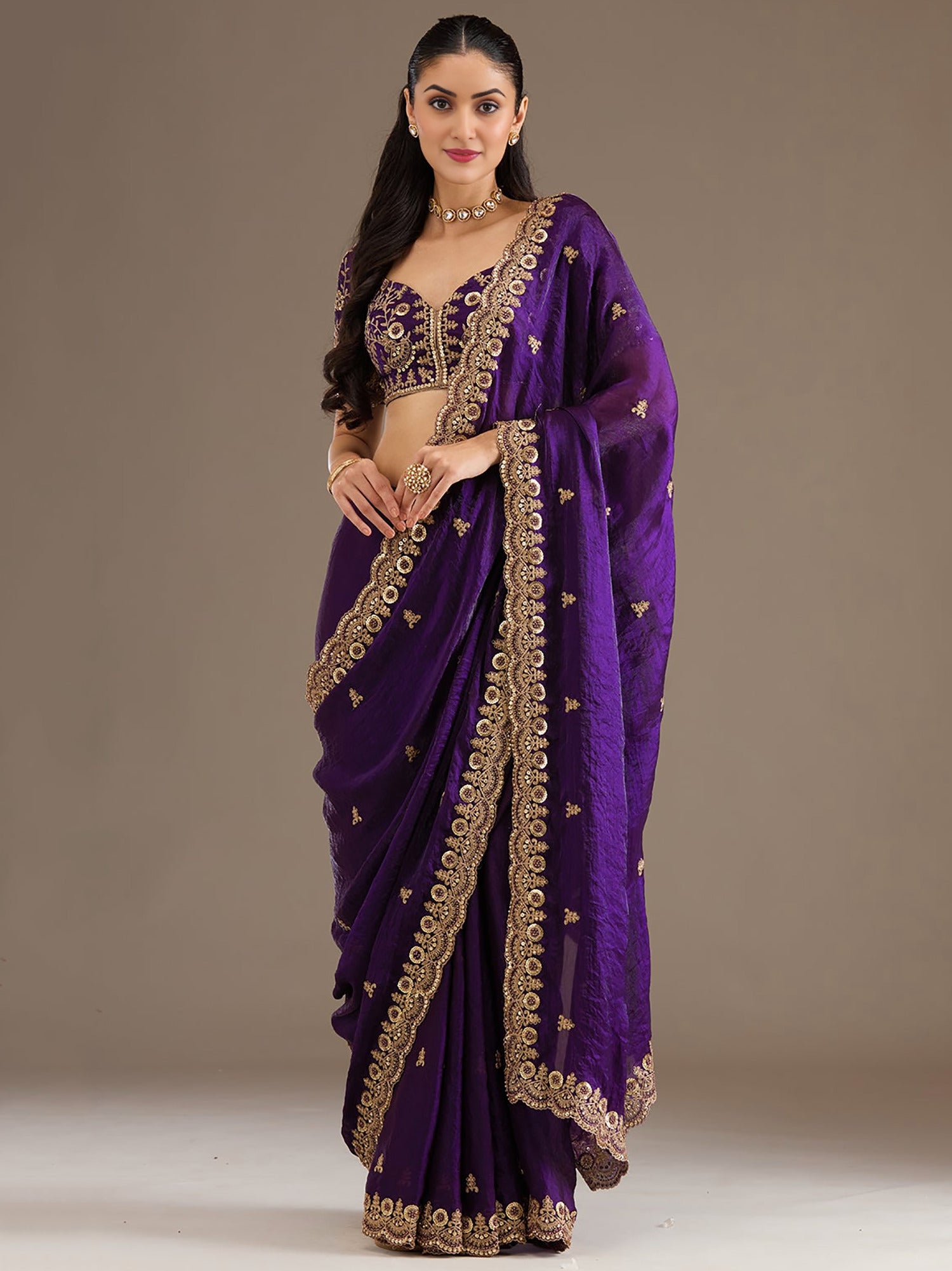 Elegant Purple Thread Work Tissue Wedding Wear Saree With Blouse