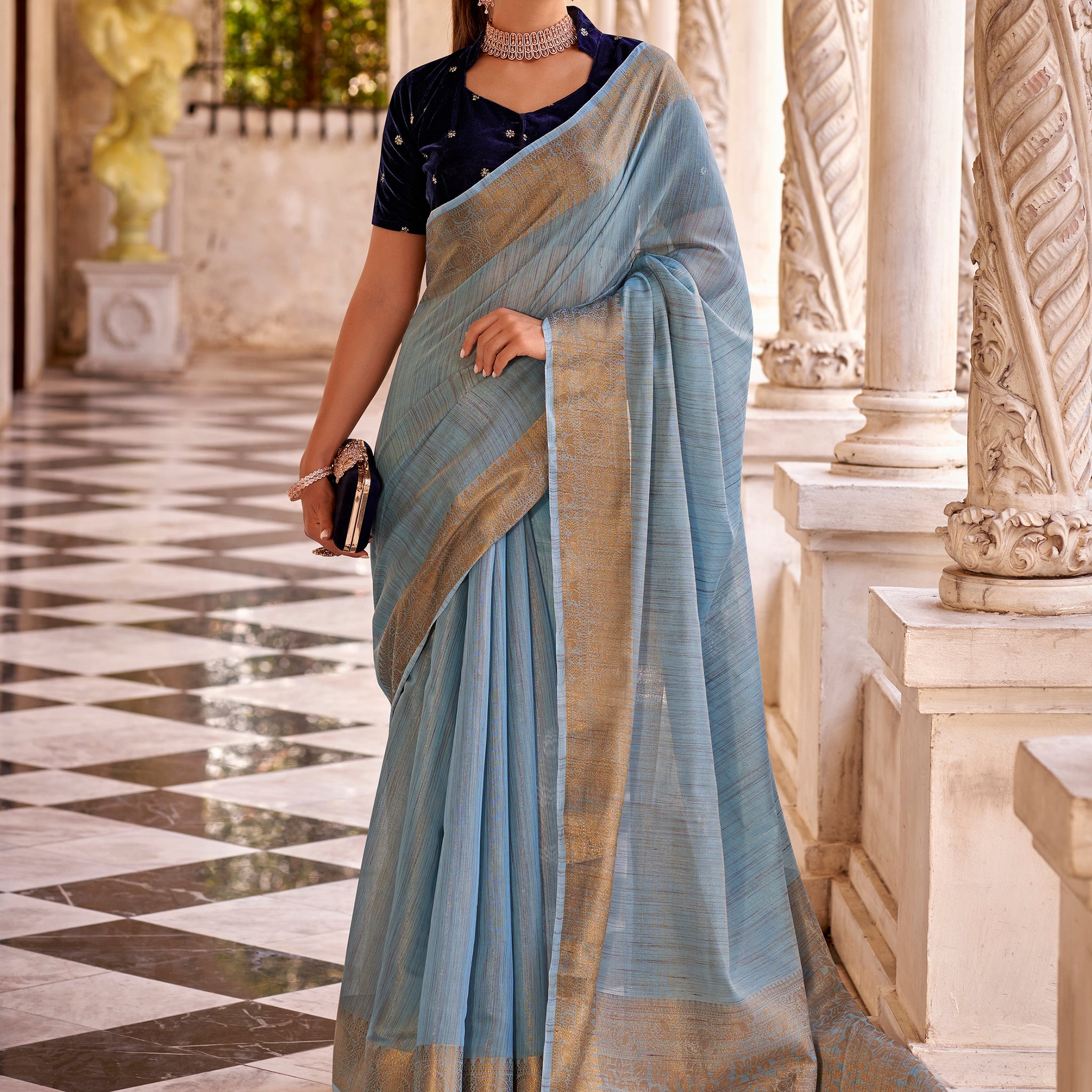 Adorable Sky Blue Zari Weaving Tissue Silk Festival Wear Saree