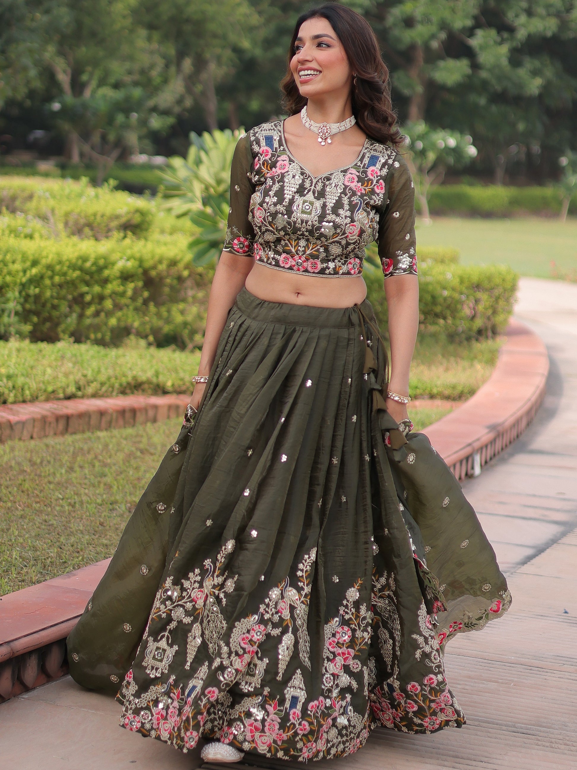 Attractive Olive Green Sequins Crushed Mehendi Wear Lehenga Choli