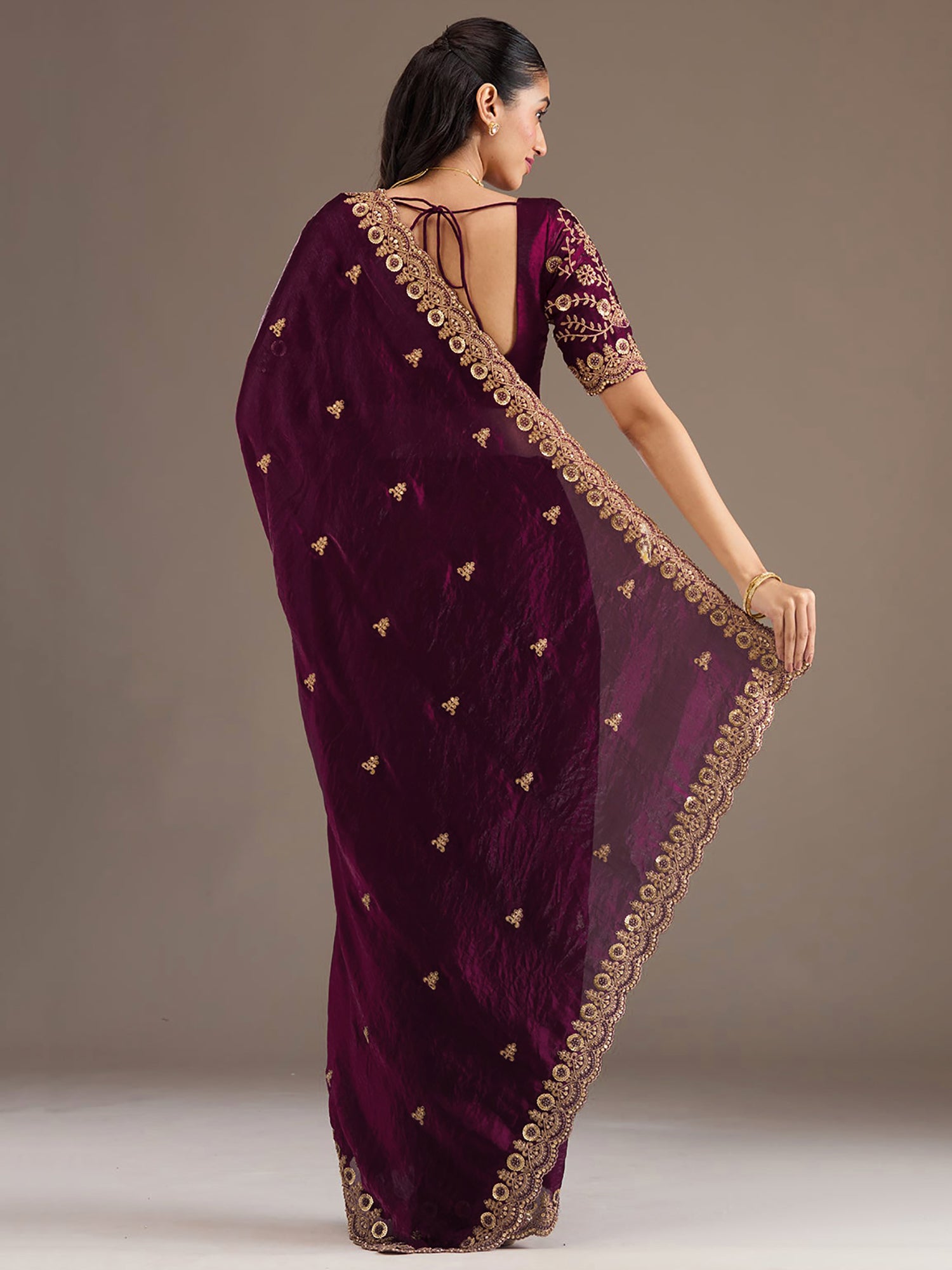 Wonderful Wine Sequins Embroidered Tissue Party Wear Saree With Blouse