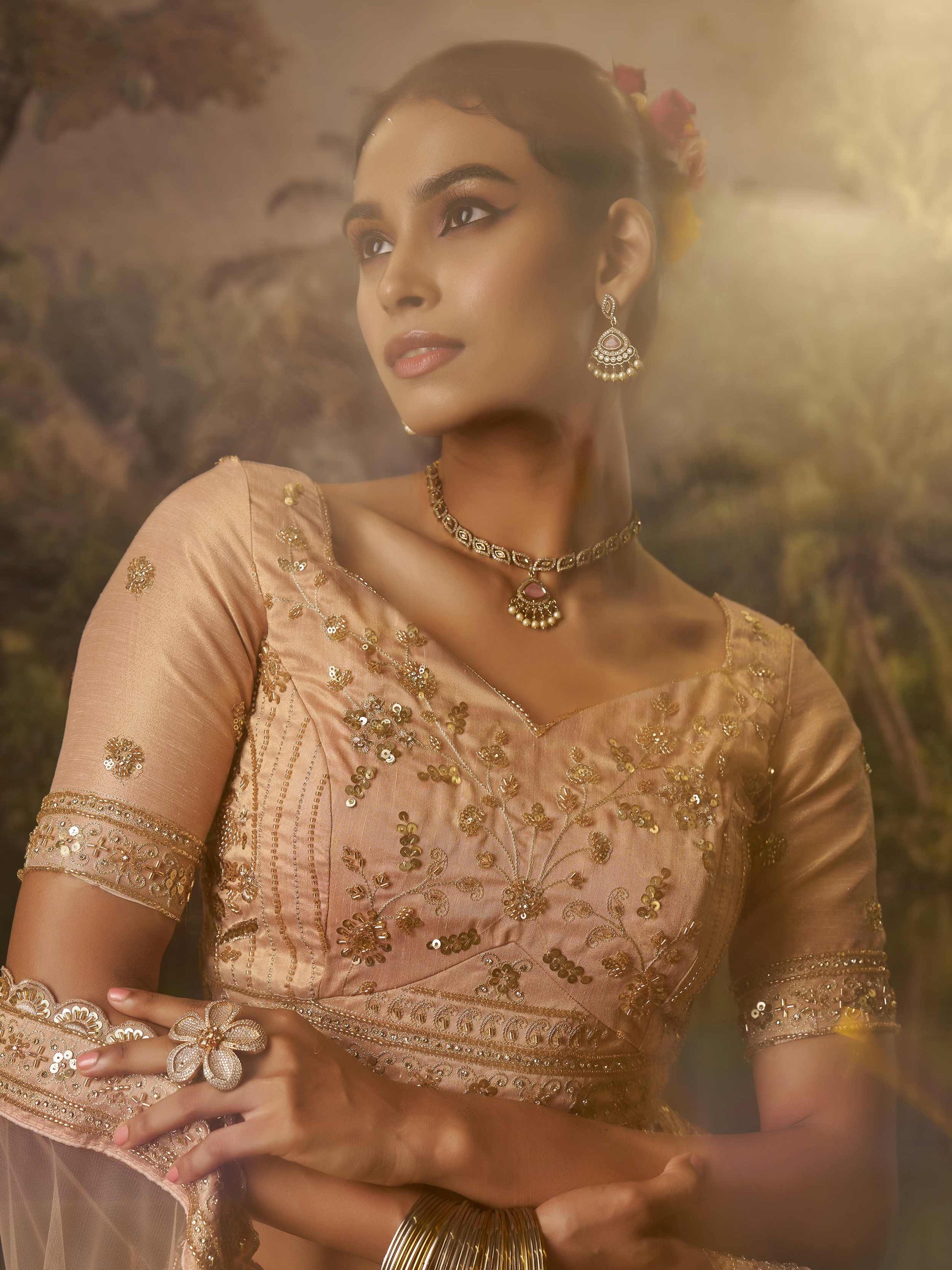 Rich Peach Dori Embroidery Net Sangeet Wear Lehenga Choli With Dupatta