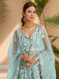 Lovely Sky Blue Sequins Work Net Bridesmaid Lehenga Choli With Dupatta