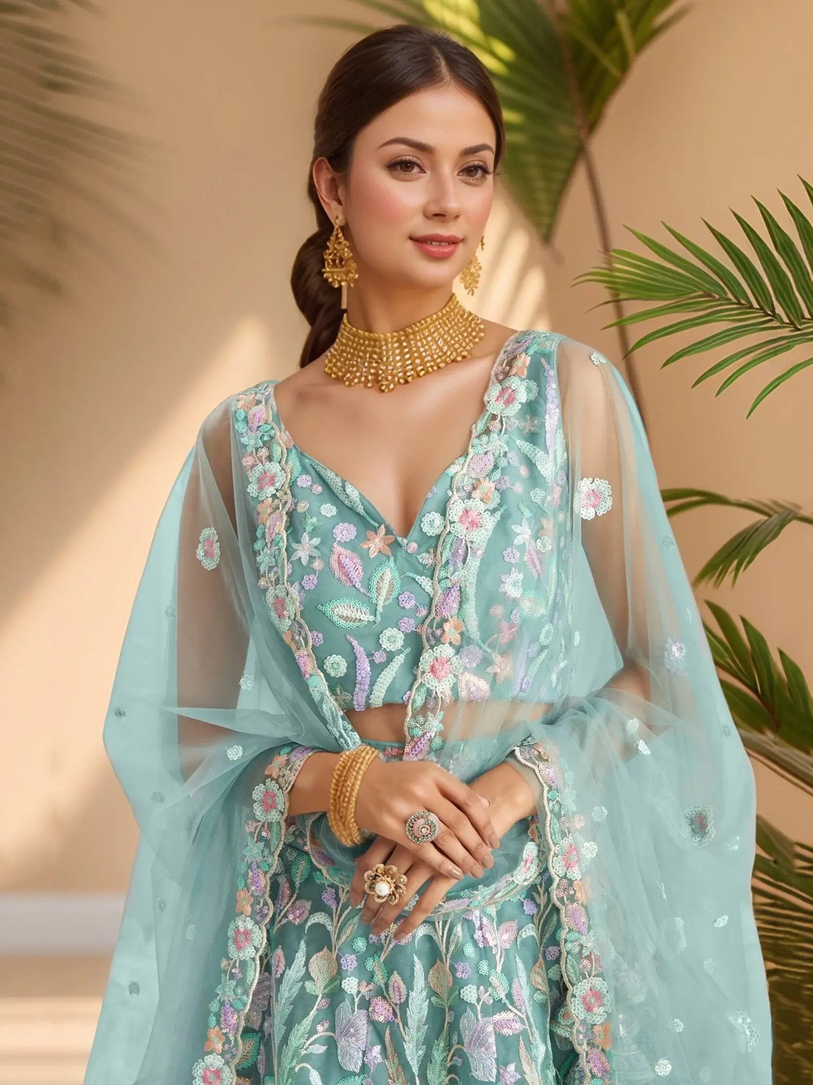 Lovely Sky Blue Sequins Work Net Bridesmaid Lehenga Choli With Dupatta