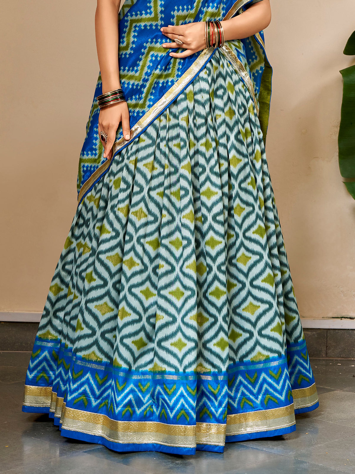 Sparkling Sky Blue Ikat Print Silk Navratri Wear Lehenga Choli