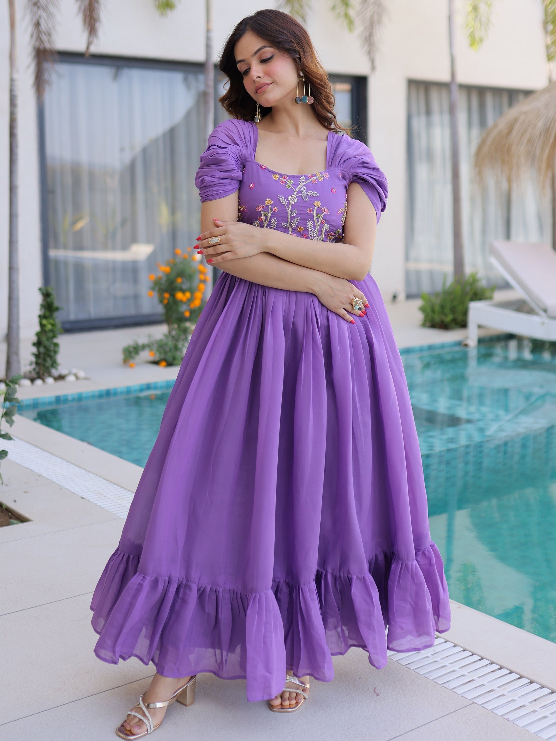 Fantastic Purple Beads Work Chanderi Party Wear Dress 