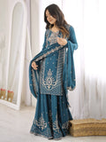 Beautiful Teal Blue Beads Work Silk Festive Wear Palazzo Suit