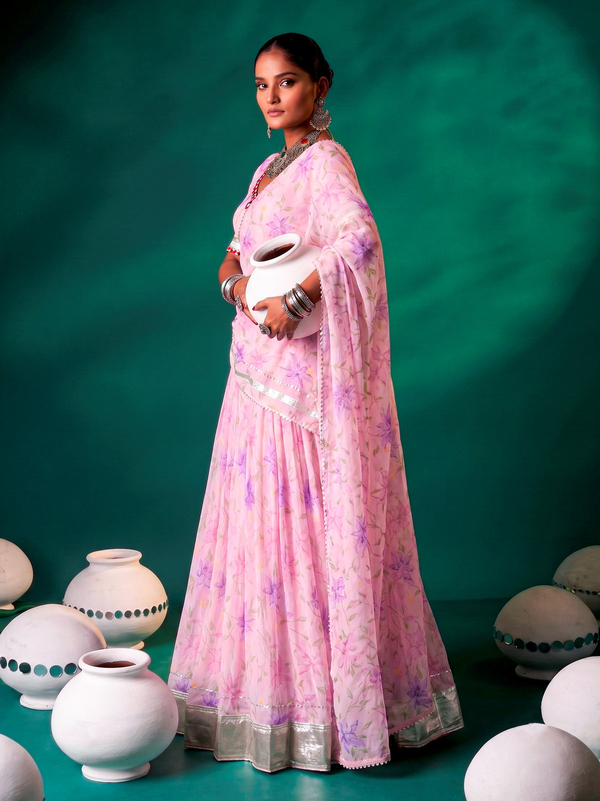 Charming Pink Floral Printed Silk Festival Wear Lehenga Choli