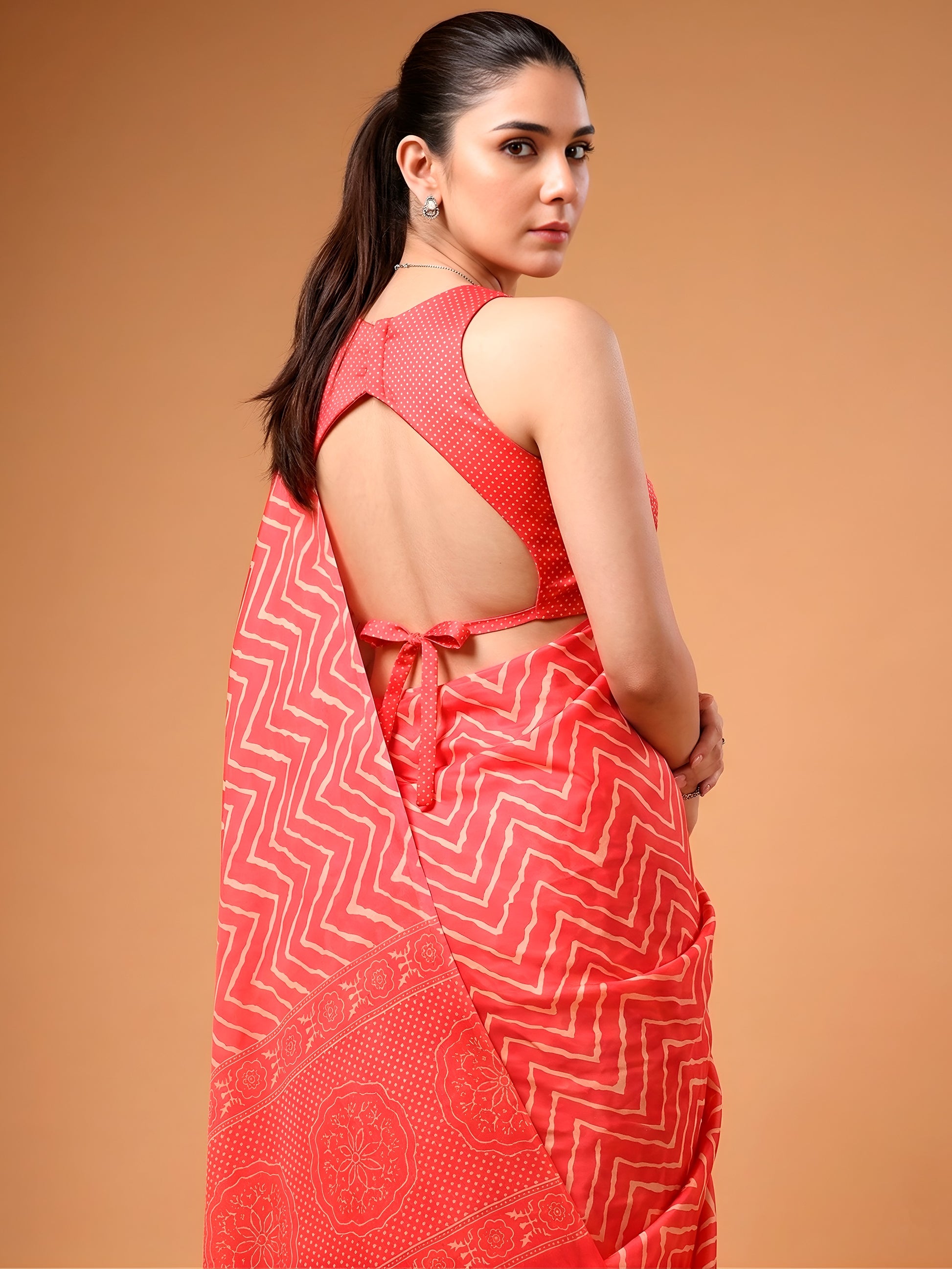 Attractive Coral Red Printed Satin Party Wear Saree With Blouse