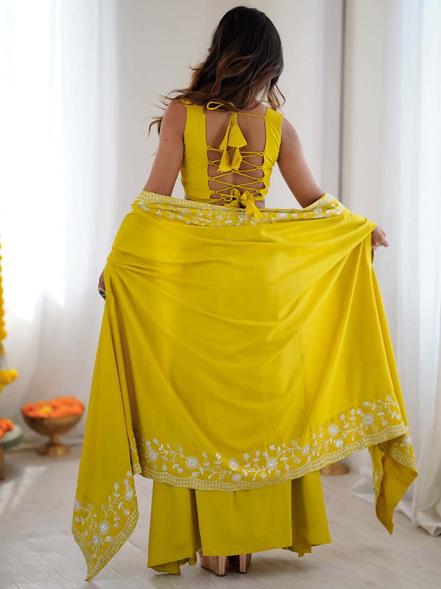 Rich Yellow Sequins Crepe Indo-Western Drape Lehenga Set With Shrug