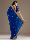 Rich Royal Blue Embroidered Tissue Designer Saree With Blouse