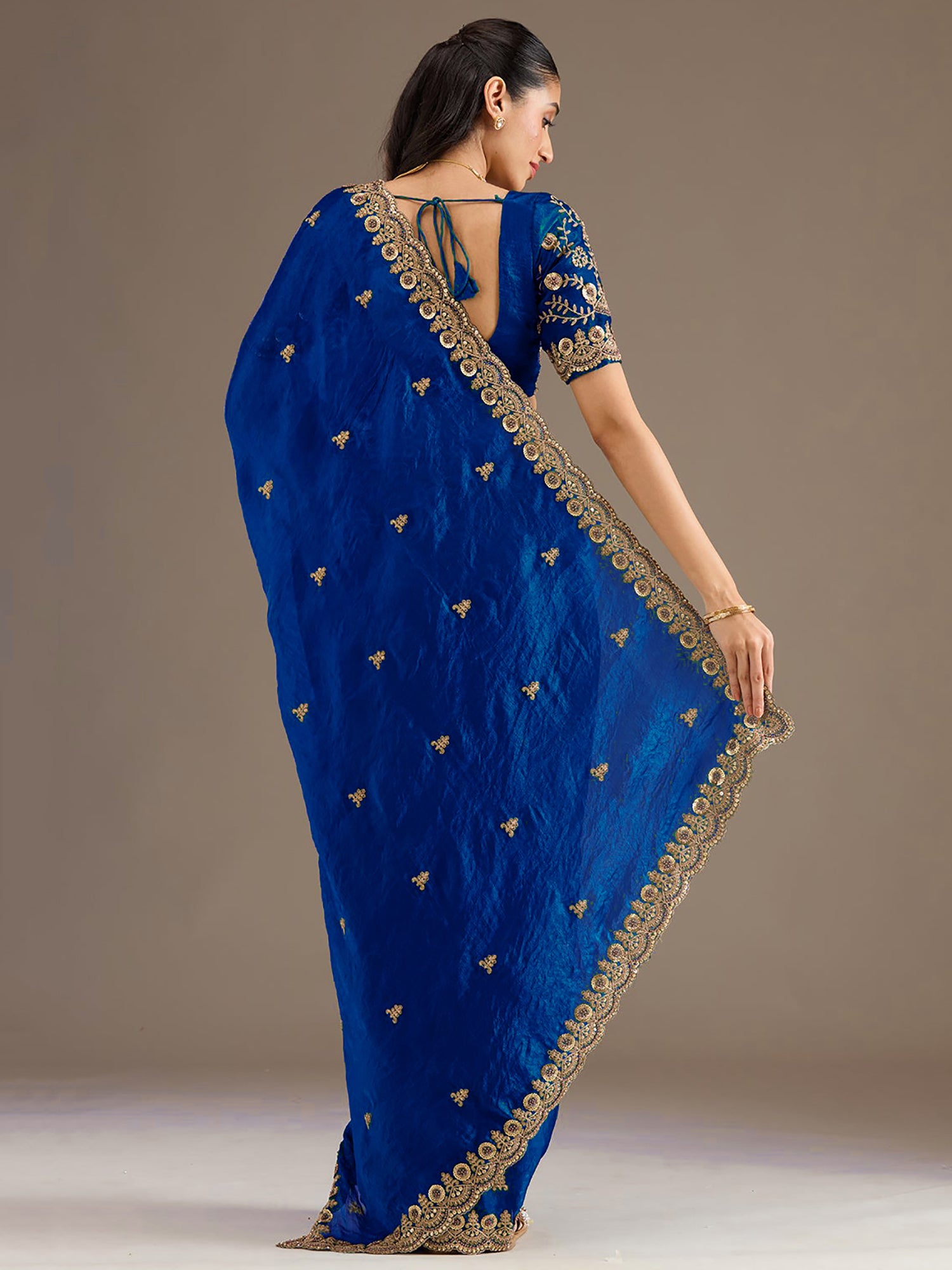 Rich Royal Blue Embroidered Tissue Designer Saree With Blouse