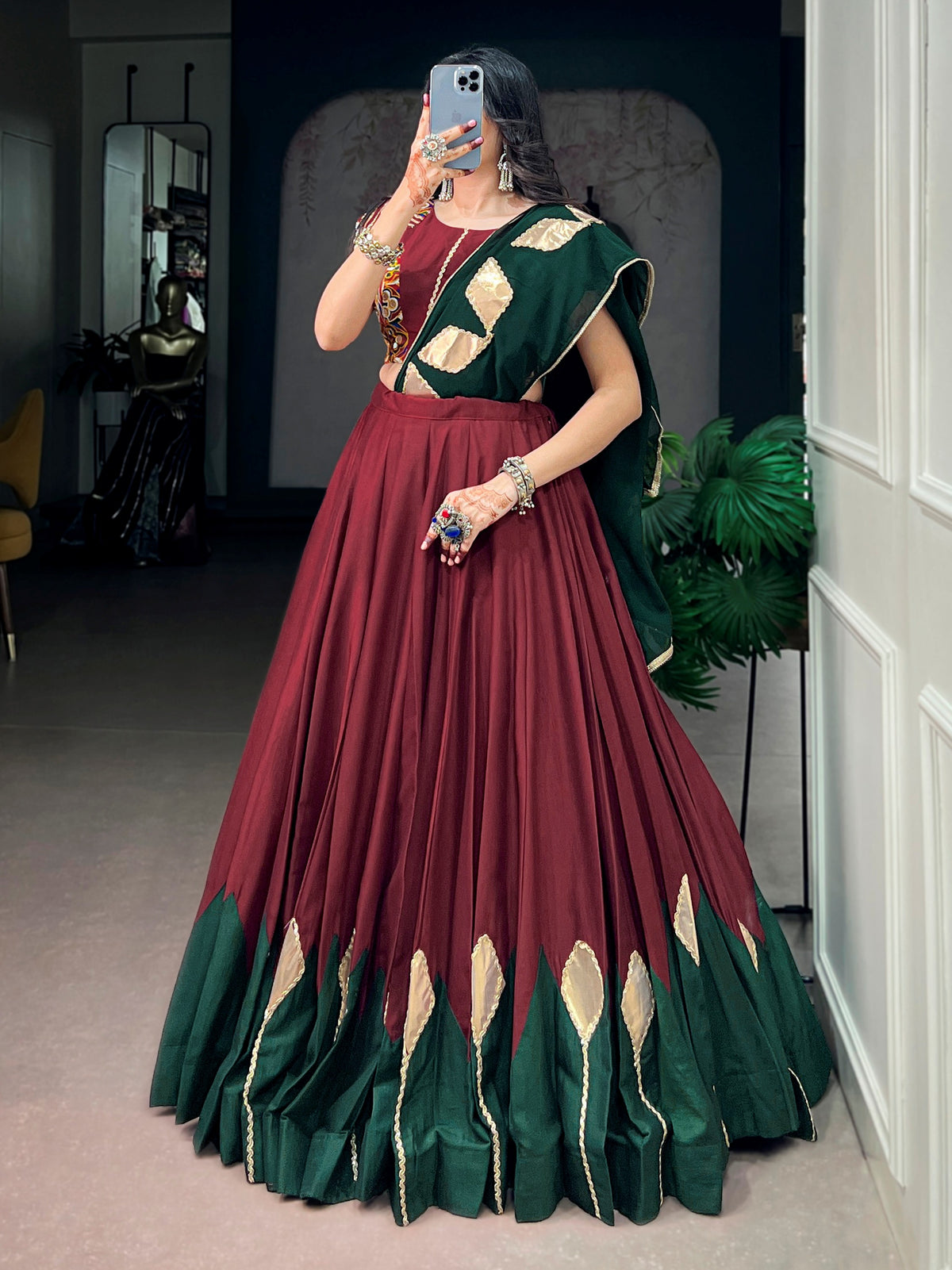 Royal Maroon Gamthi Work Chinon Navratri Wear Lehenga Choli
