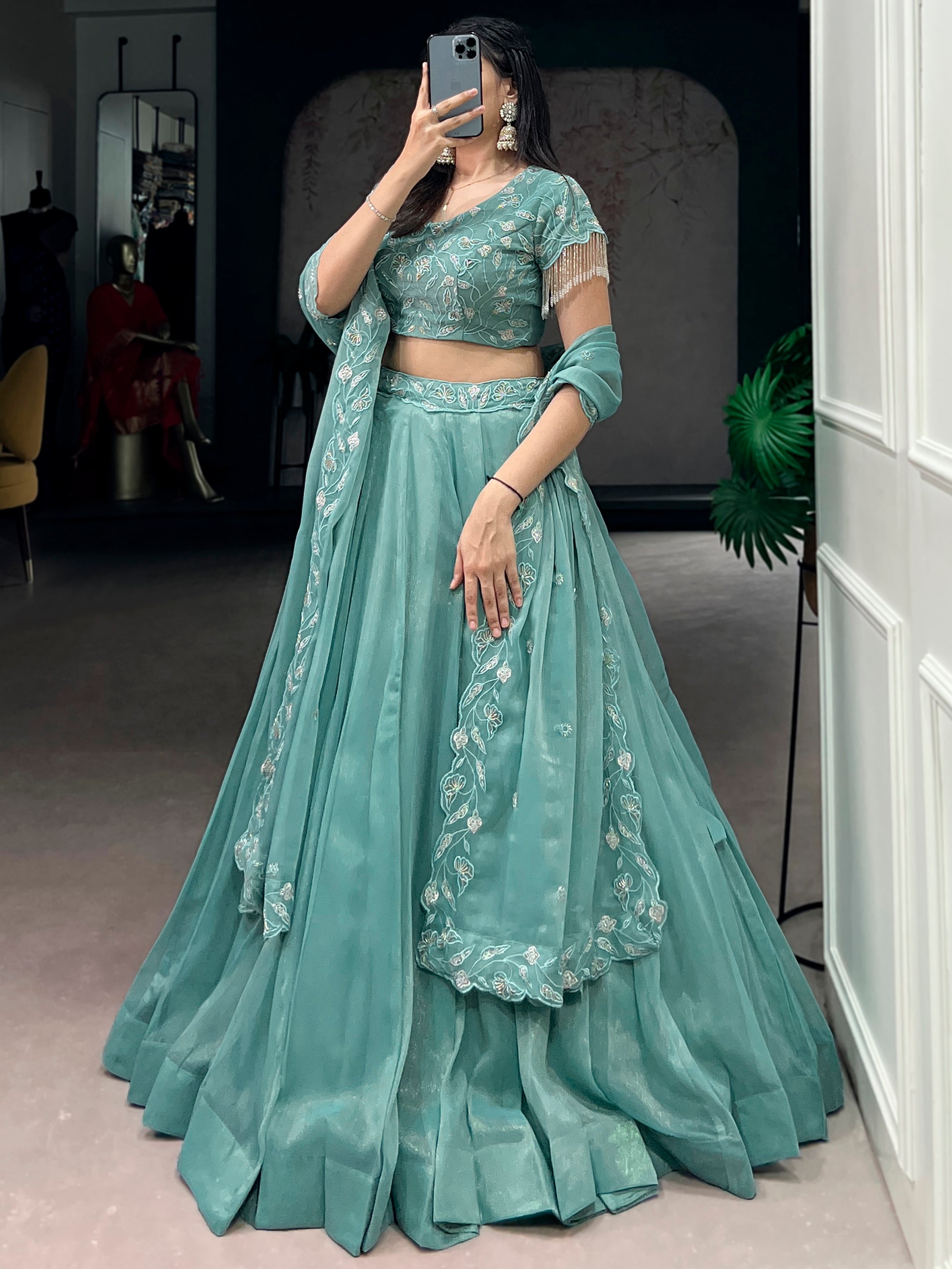 Gorgeous Sky-Blue Organza Party Wear Lehenga With Embroidered Choli