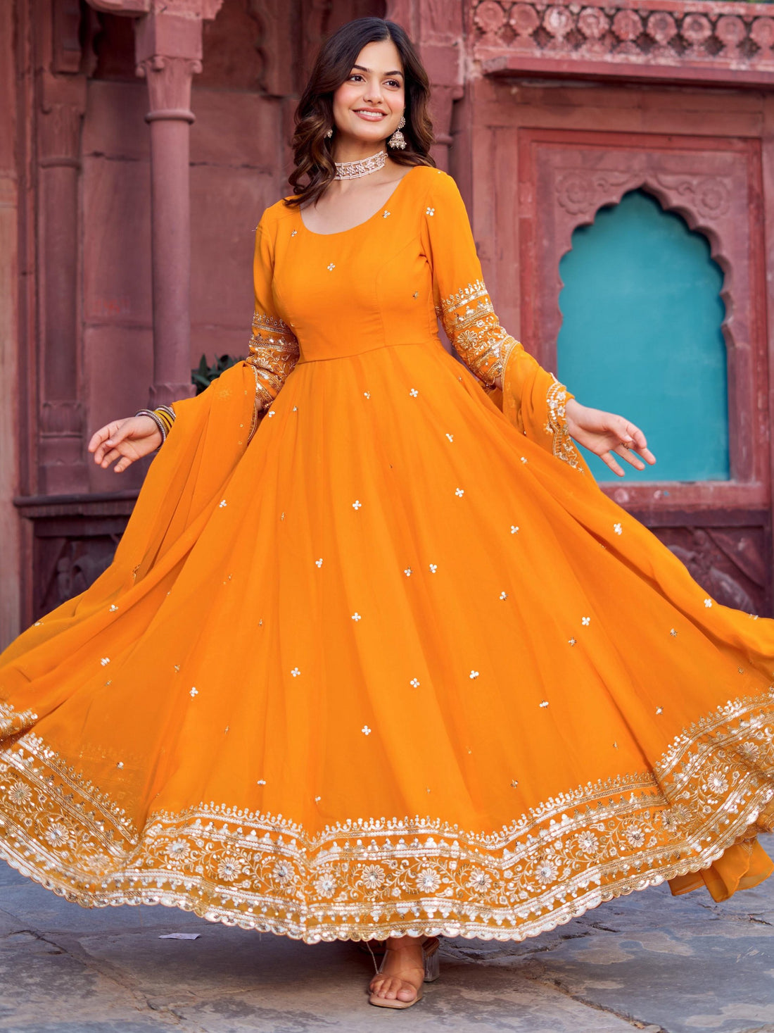 Wonderful Yellow Thread Work Georgette Haldi Wear Gown With Dupatta