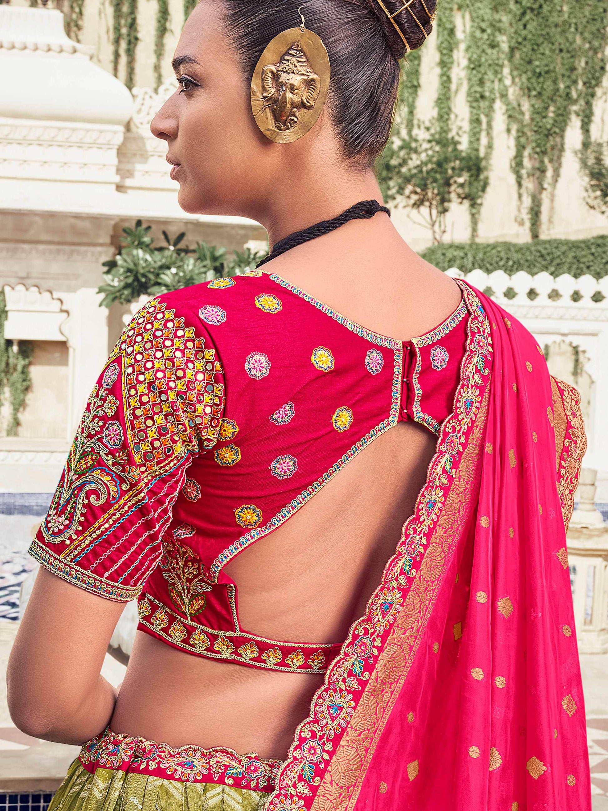 Grand Olive Green Embroidered Organza Function Wear Lehenga With Blouse