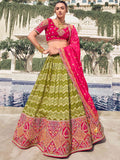 Grand Olive Green Embroidered Organza Function Wear Lehenga With Blouse
