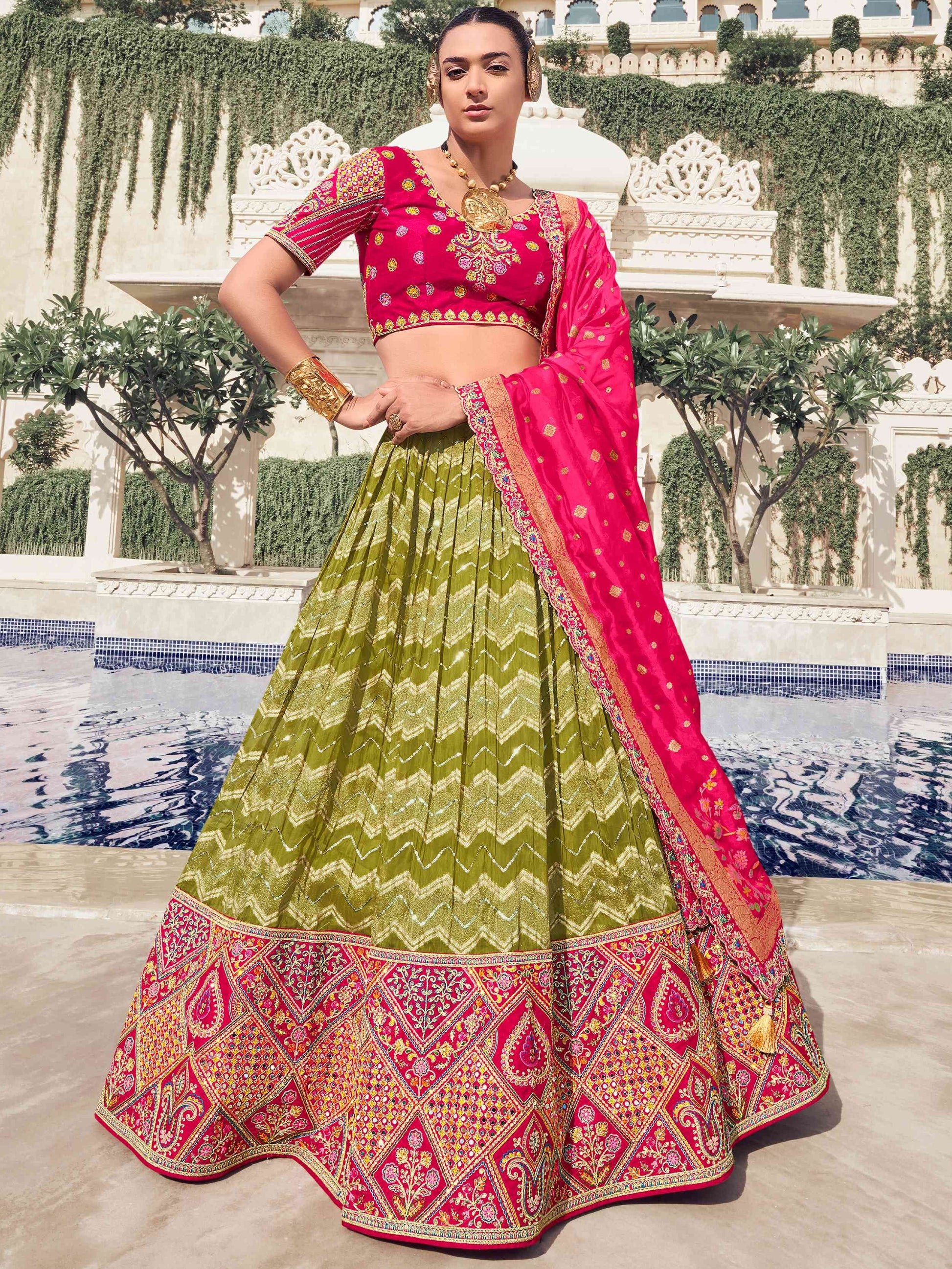 Grand Olive Green Embroidered Organza Function Wear Lehenga With Blouse