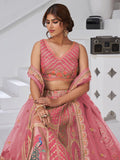 Superior Pink Thread Work Banarasi Silk Reception Wear Lehenga With Blouse