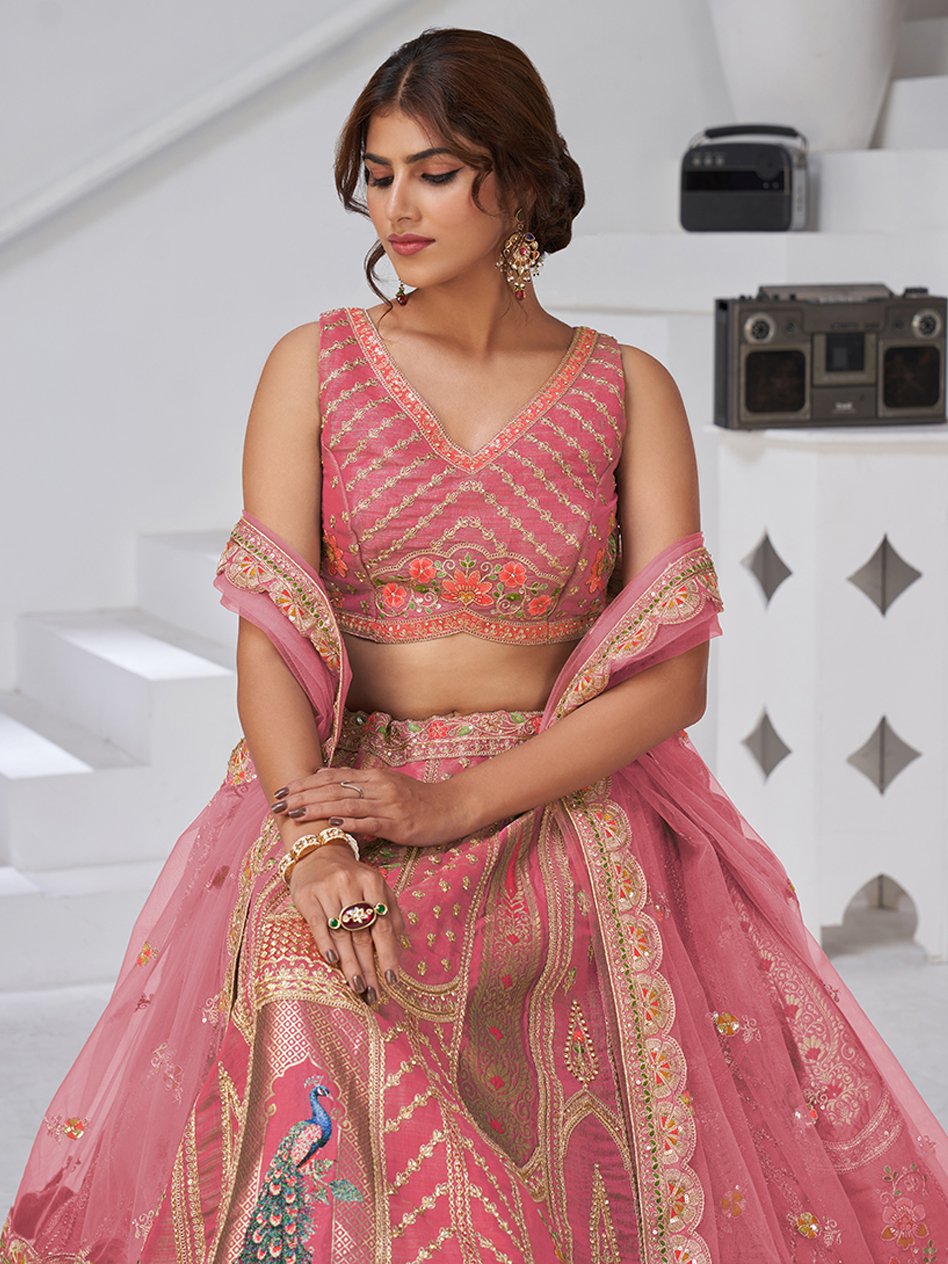 Superior Pink Thread Work Banarasi Silk Reception Wear Lehenga With Blouse
