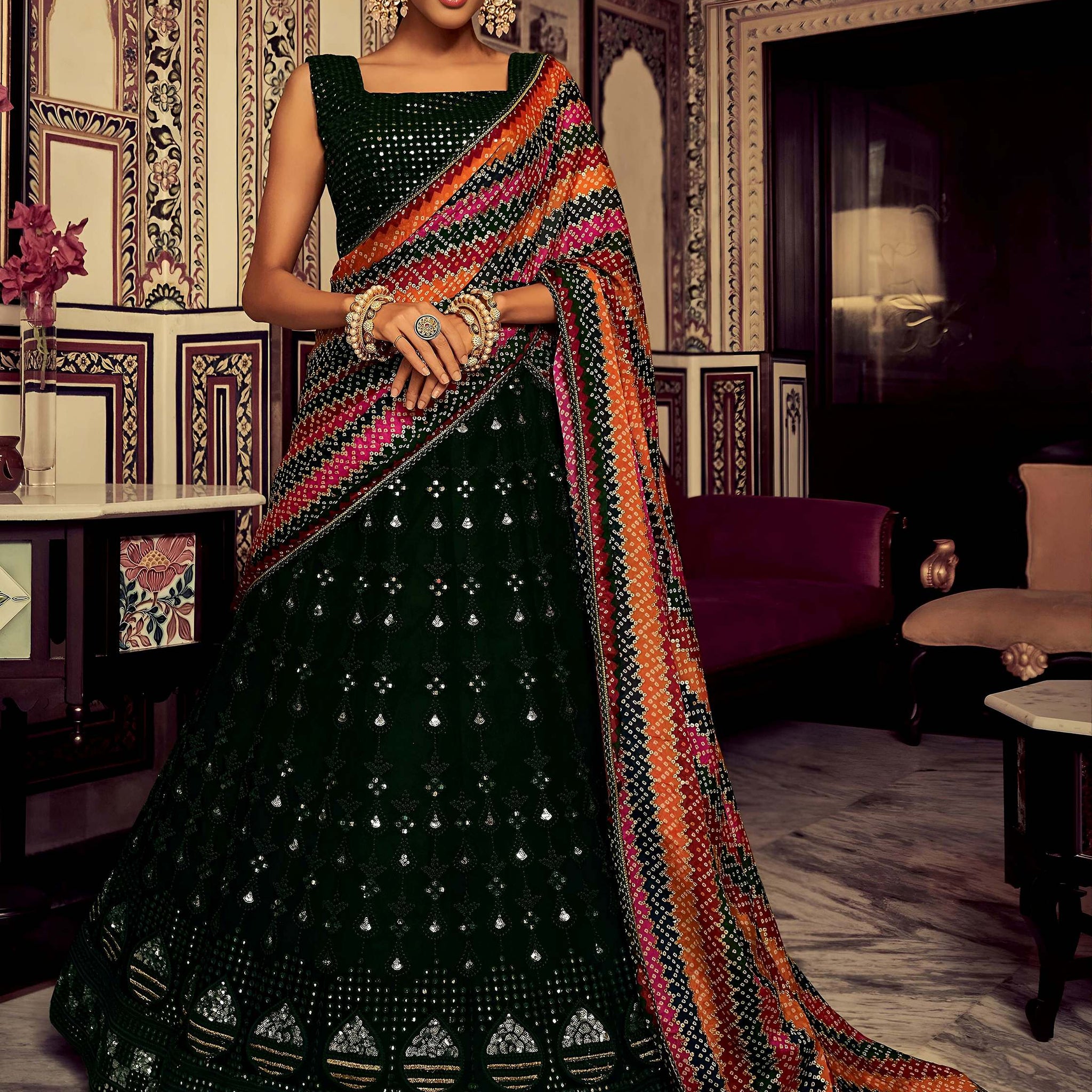 Amazing Bottle Green Thread Work Georgette Mehendi Wear Lehenga Choli