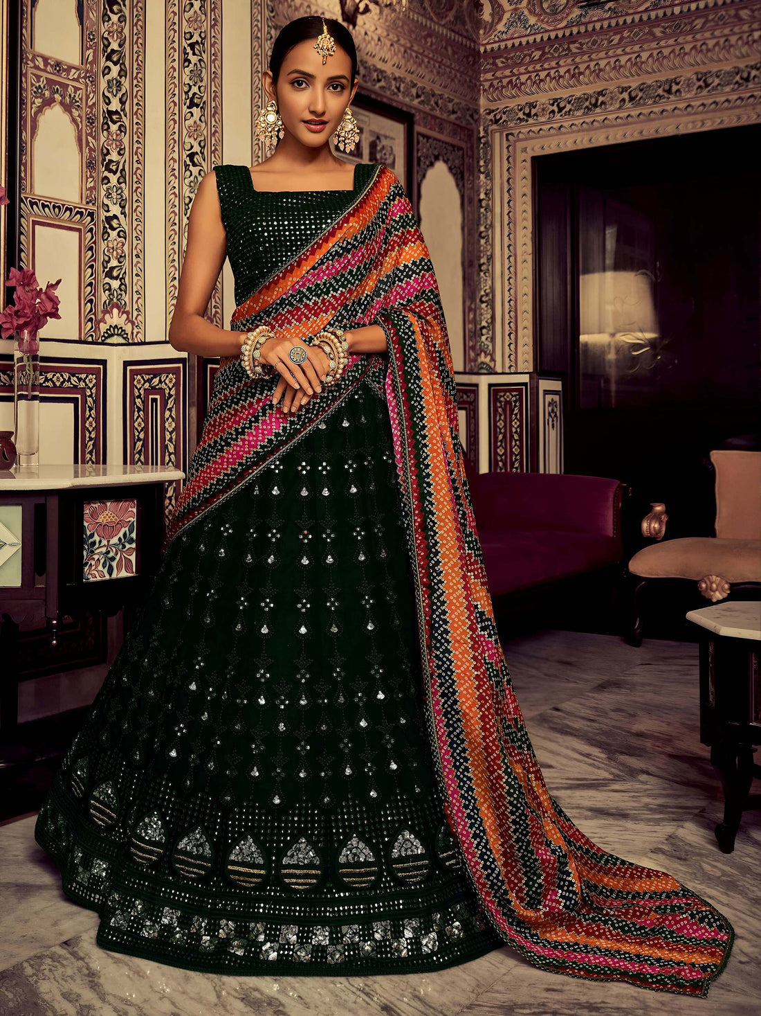 Amazing Bottle Green Thread Work Georgette Mehendi Wear Lehenga Choli