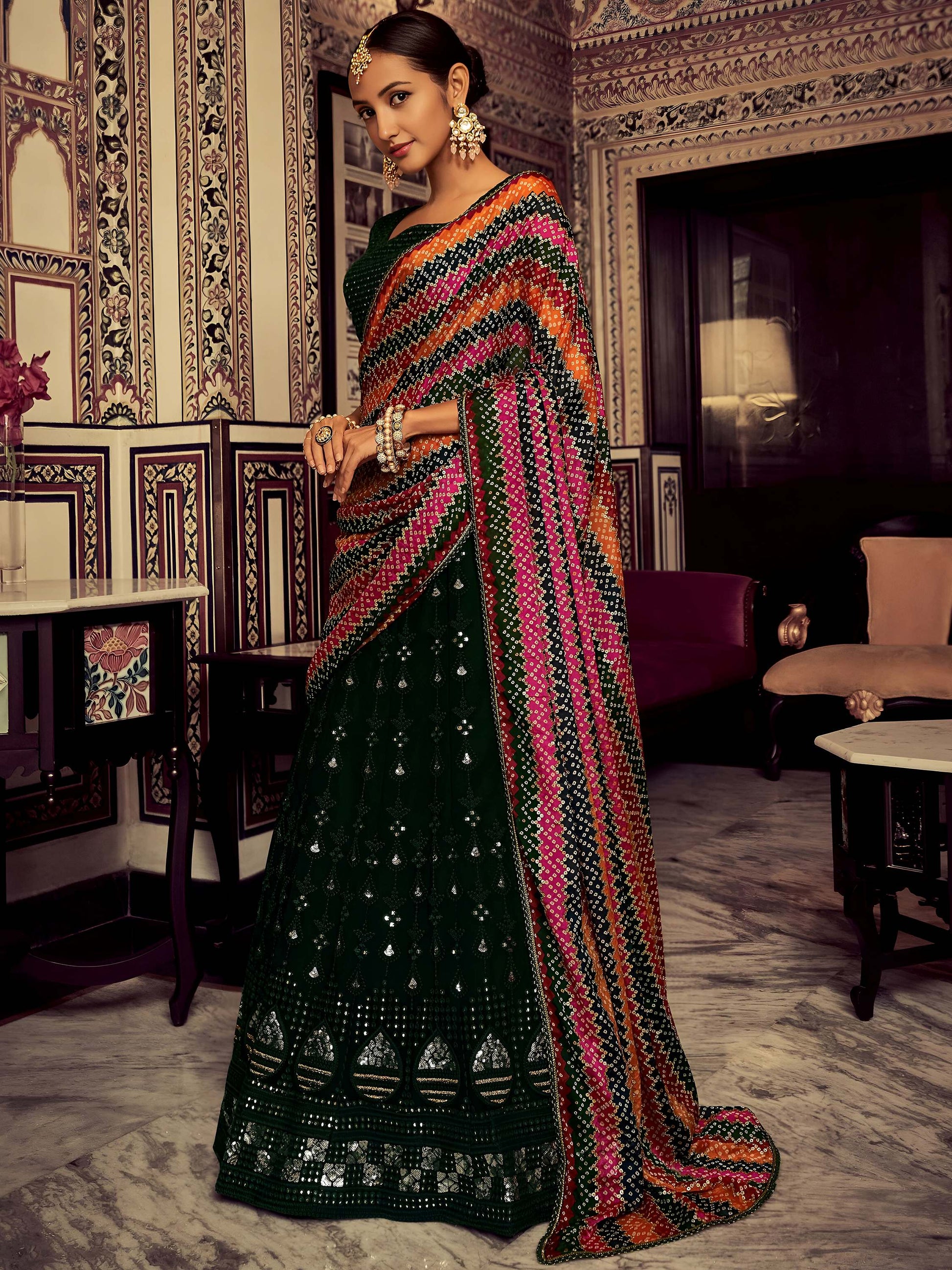 Amazing Bottle Green Thread Work Georgette Mehendi Wear Lehenga Choli