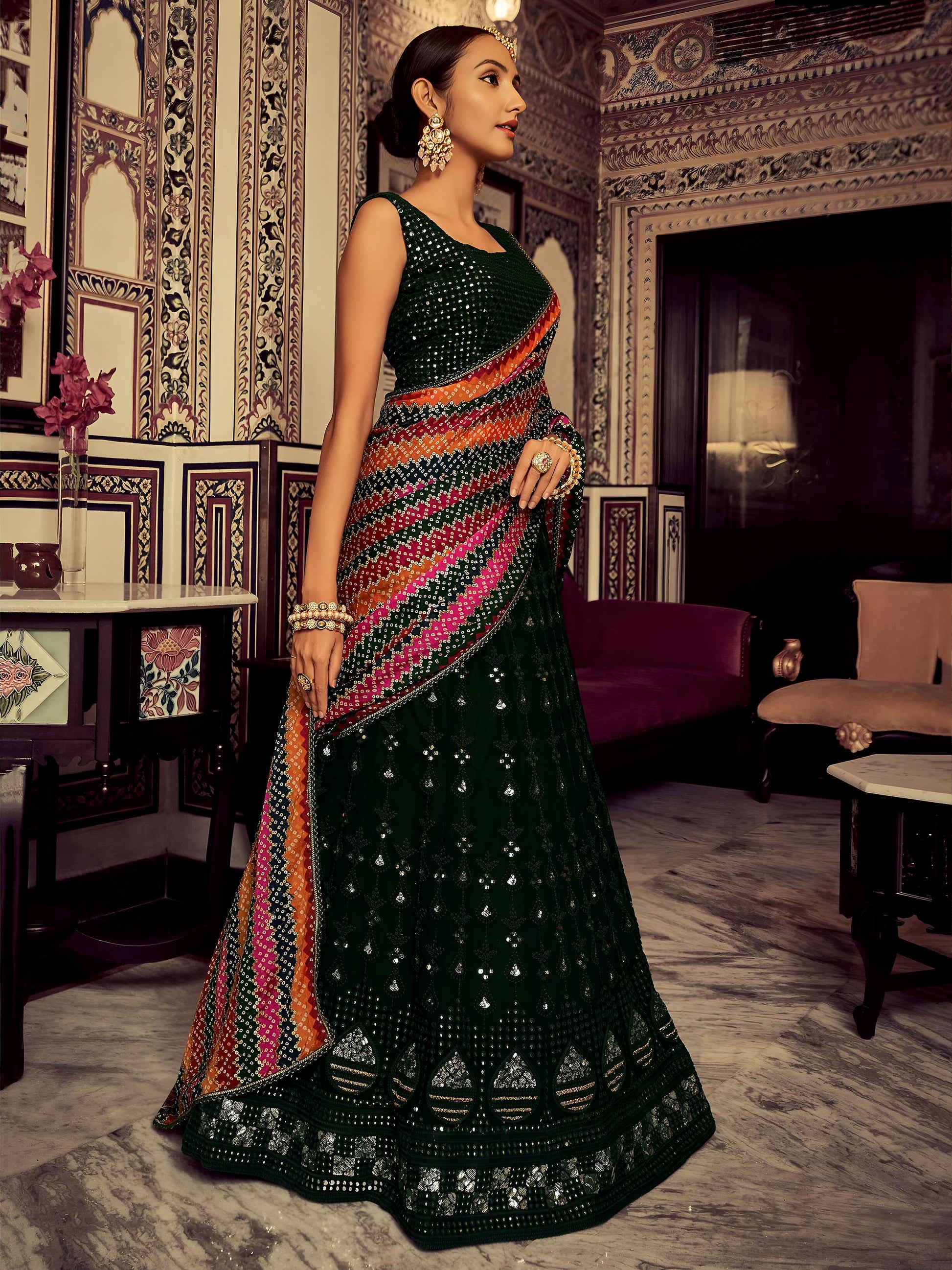 Amazing Bottle Green Thread Work Georgette Mehendi Wear Lehenga Choli