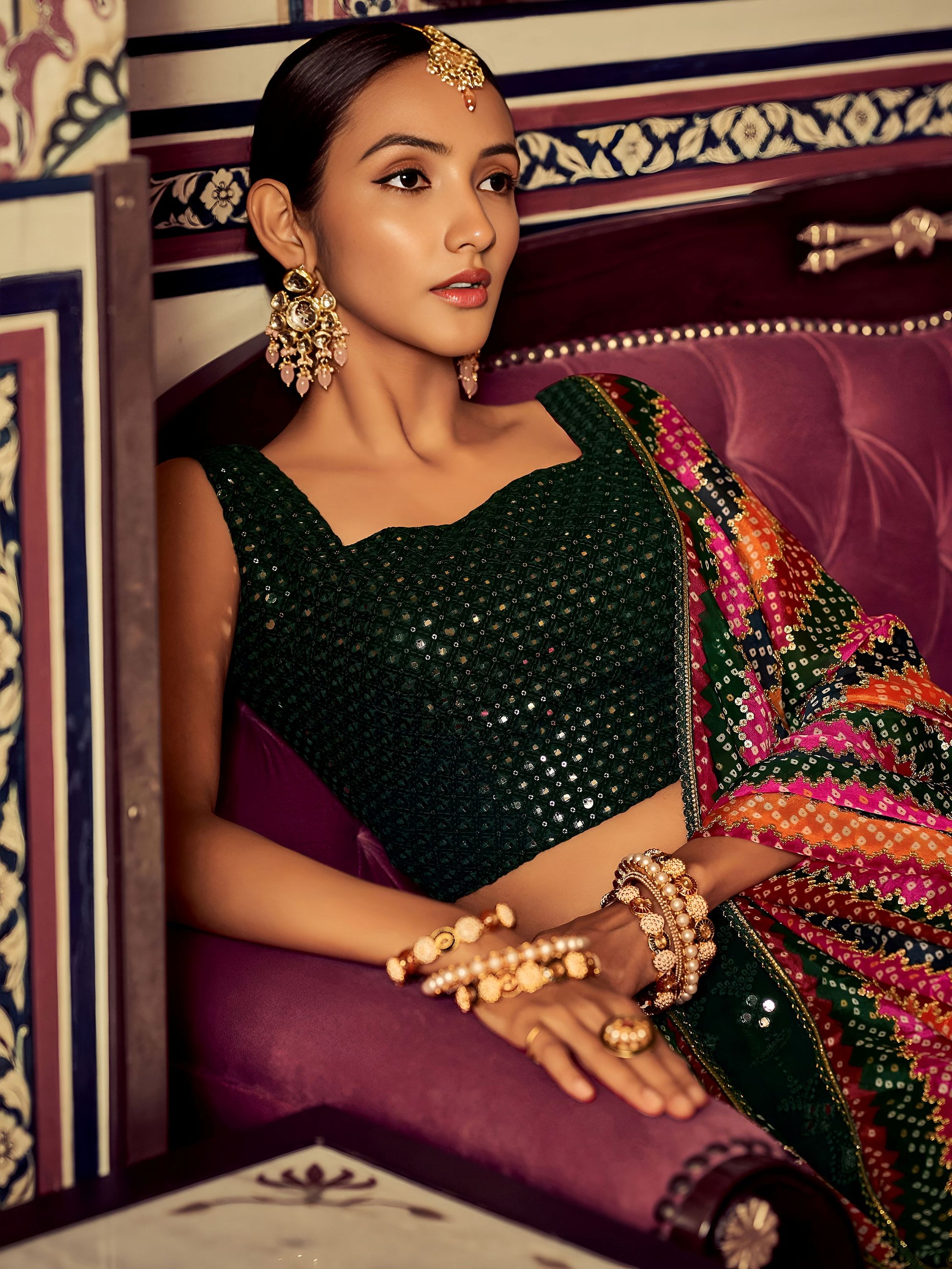 Amazing Bottle Green Thread Work Georgette Mehendi Wear Lehenga Choli