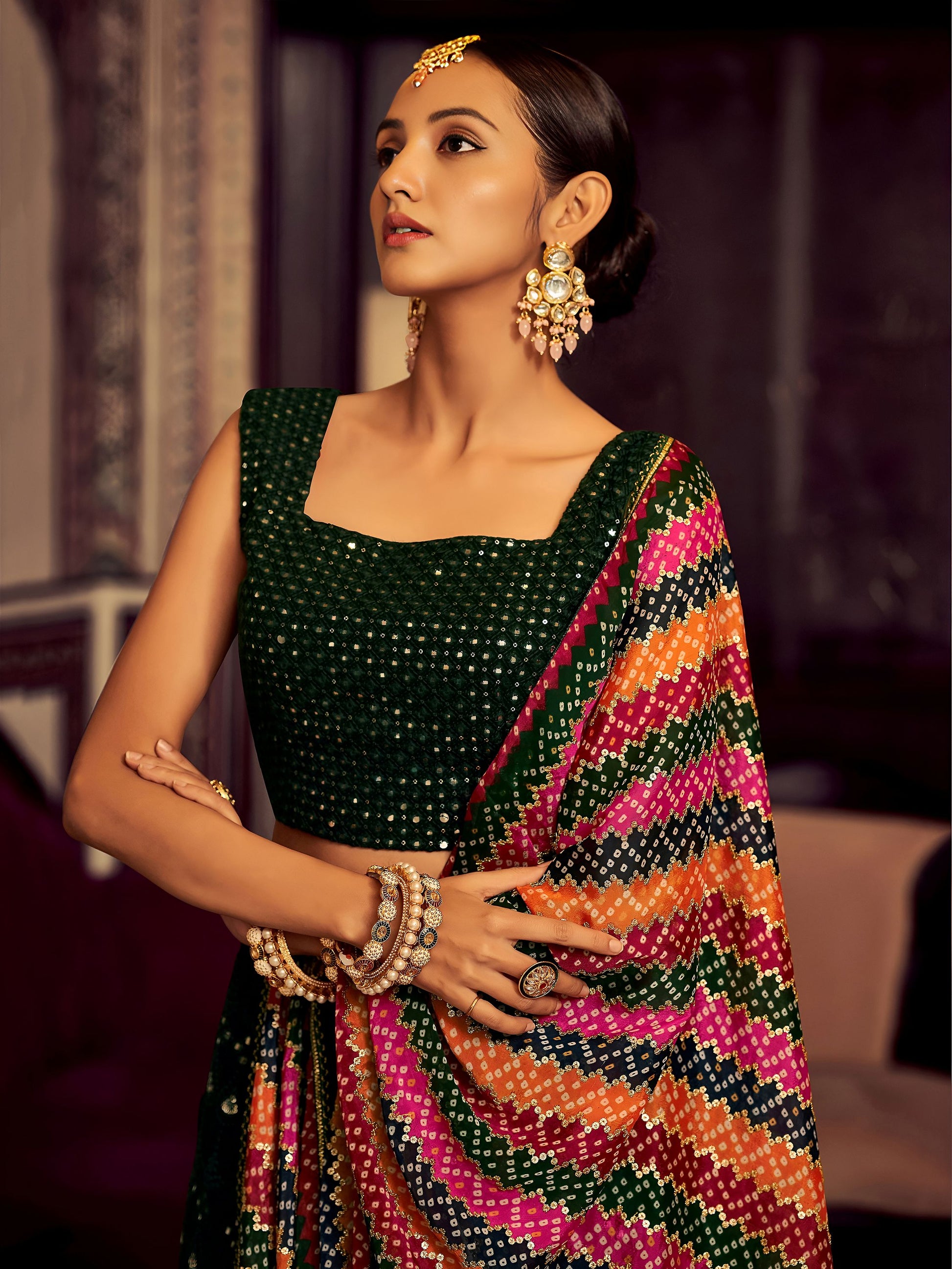 Amazing Bottle Green Thread Work Georgette Mehendi Wear Lehenga Choli
