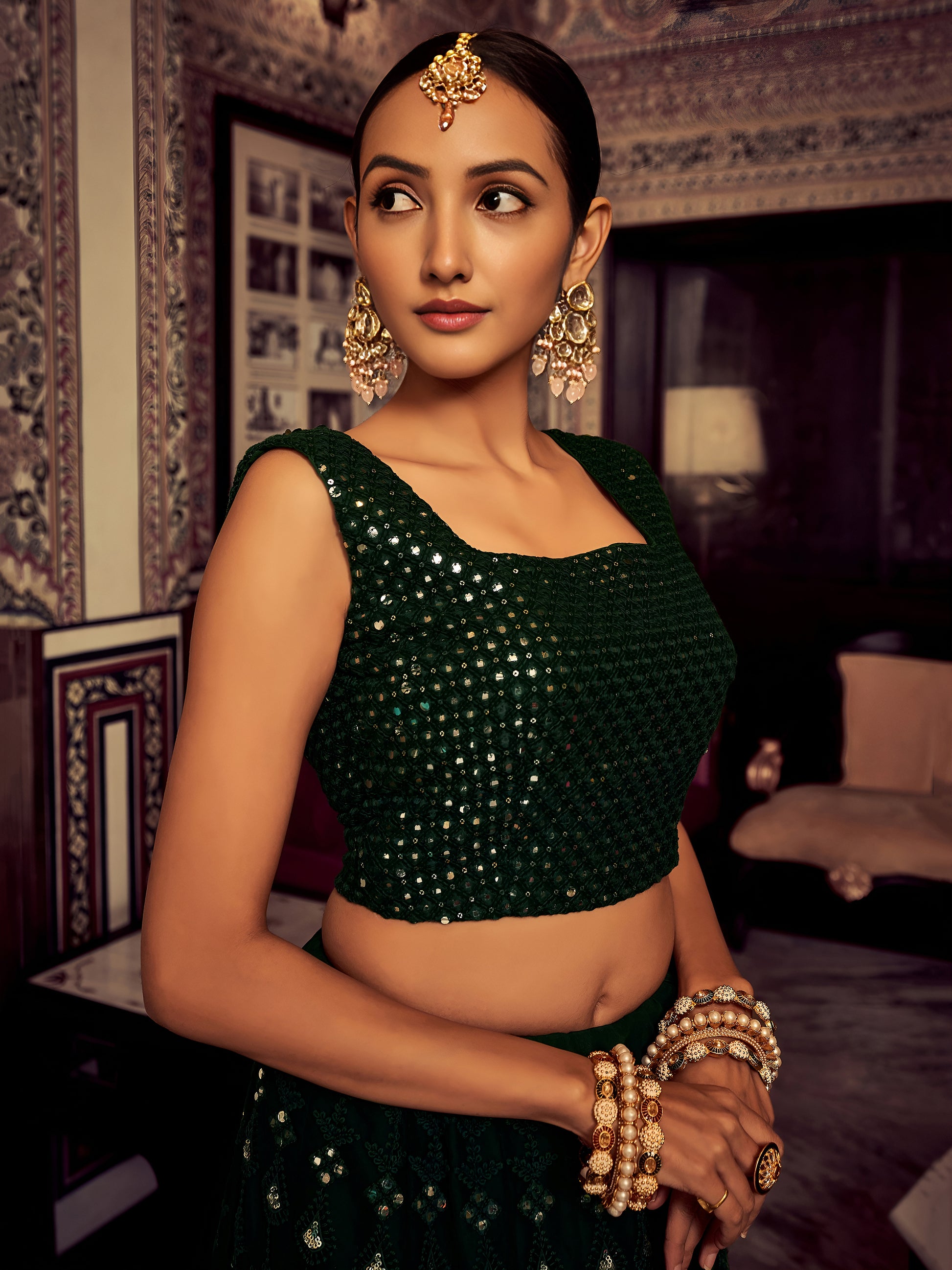 Amazing Bottle Green Thread Work Georgette Mehendi Wear Lehenga Choli