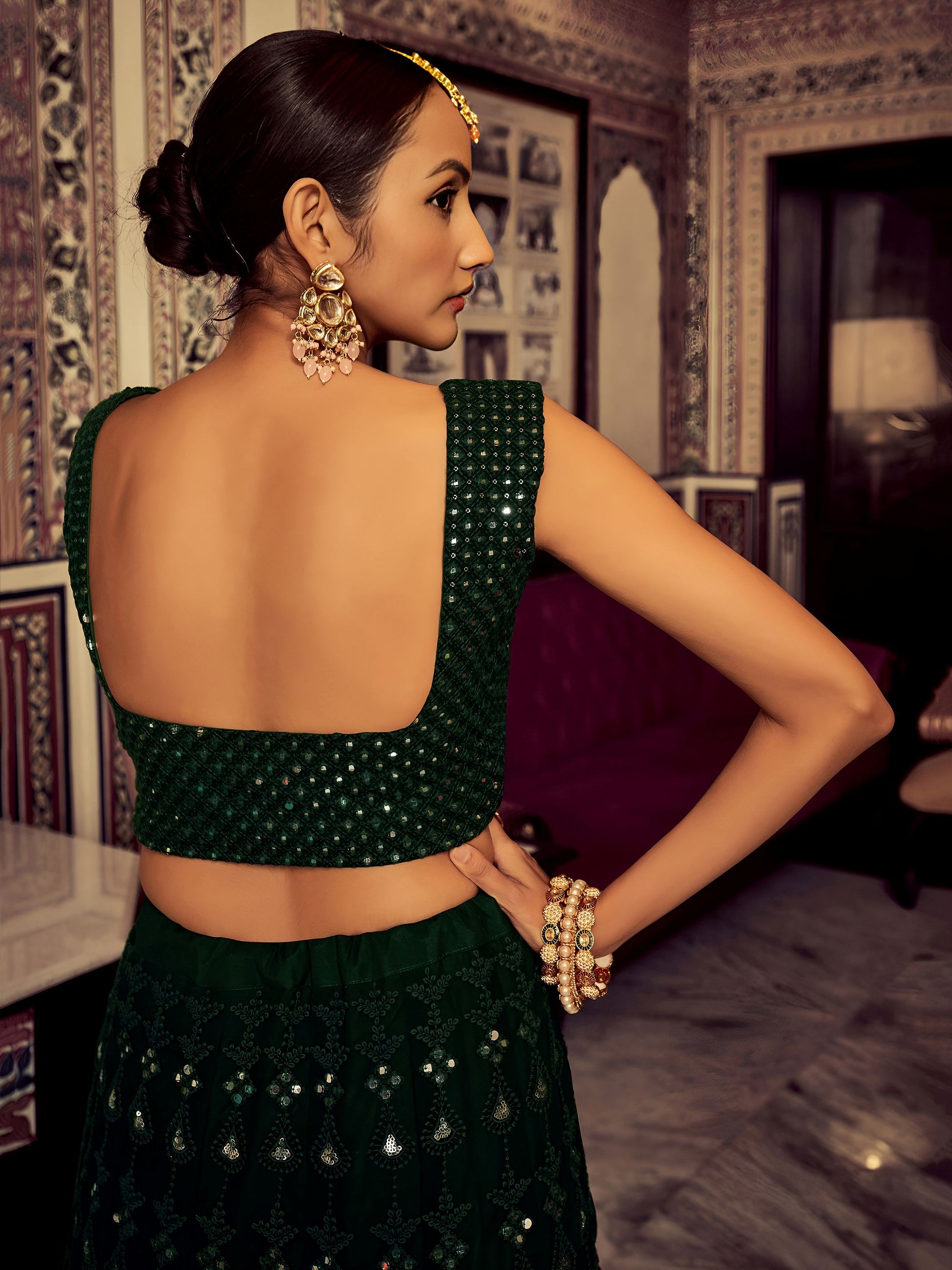Amazing Bottle Green Thread Work Georgette Mehendi Wear Lehenga Choli