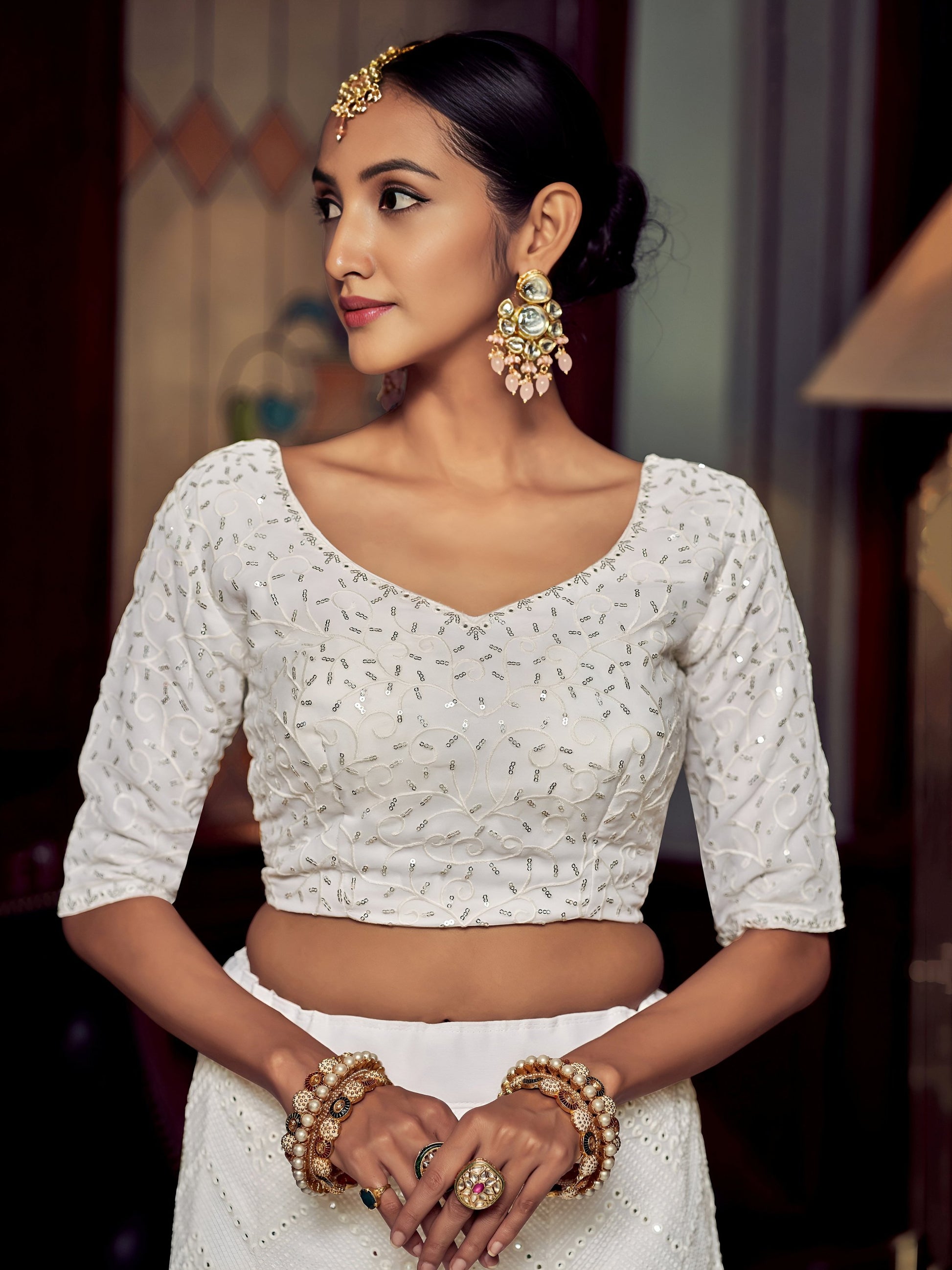 Beautiful White Sequins Georgette Function Wear Lehenga Choli With Dupatta