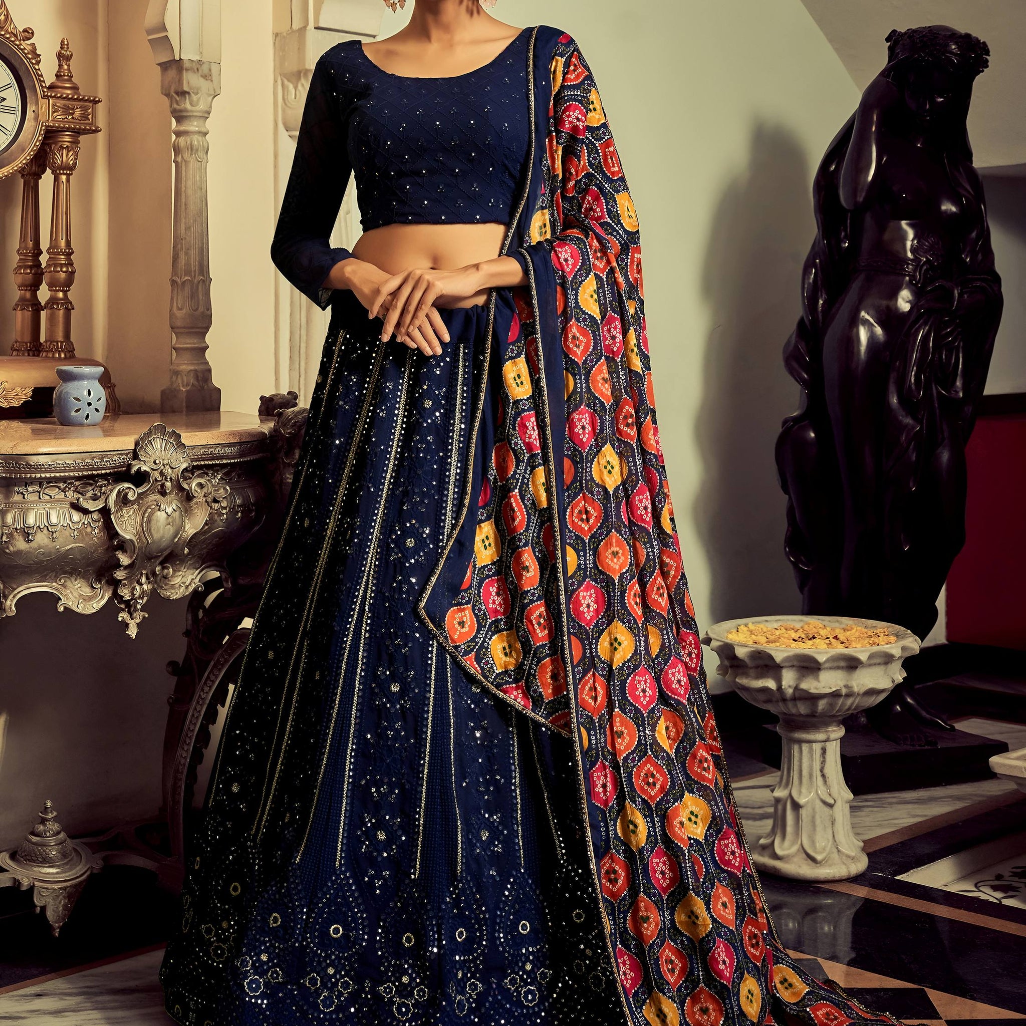 Elegant Navy Blue Thread Work Georgette Engagement Wear Lehenga Choli