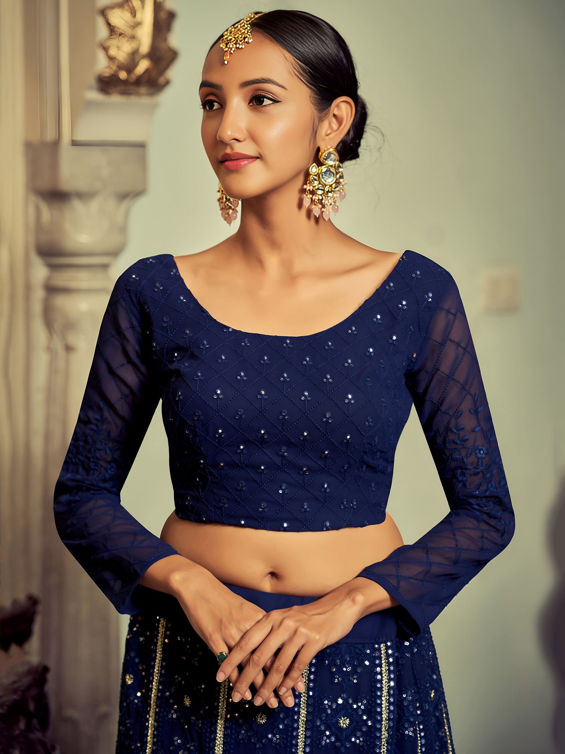 Elegant Navy Blue Thread Work Georgette Engagement Wear Lehenga Choli